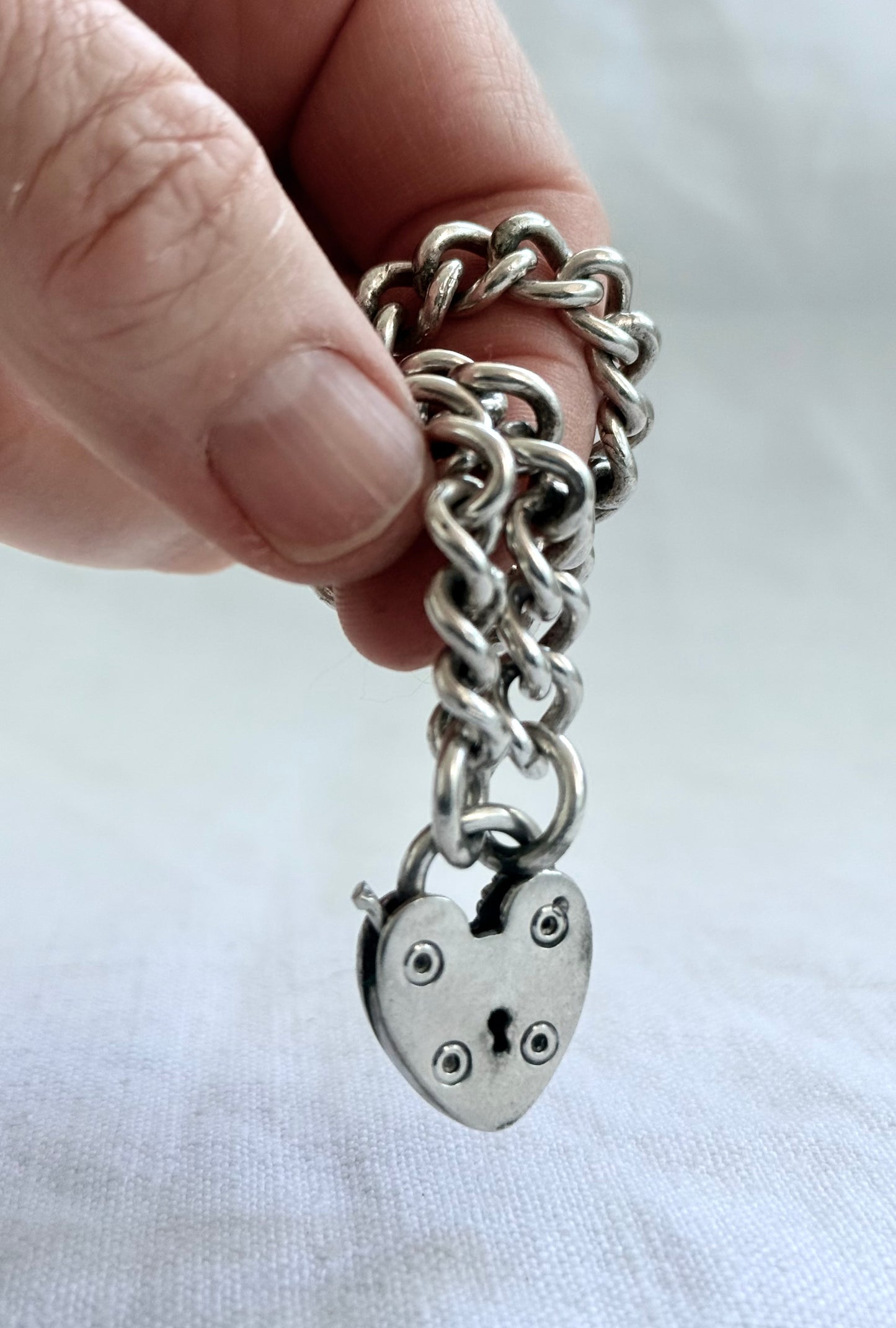 .1970s .925 solid silver chunky Victorian revival oversized heart padlock curb chain link bracelet