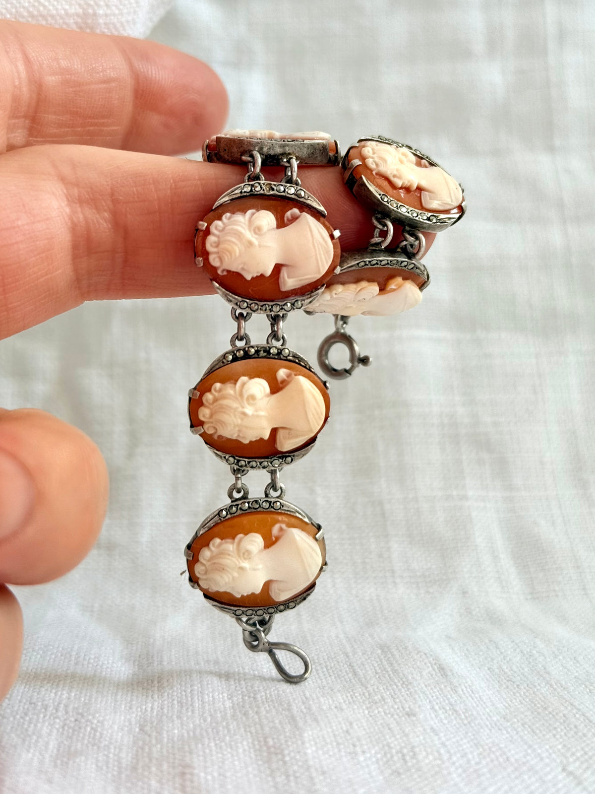 .1930s .1940s .925 artisan made fine multi cameo hand carved panel link collector fine silver bracelet