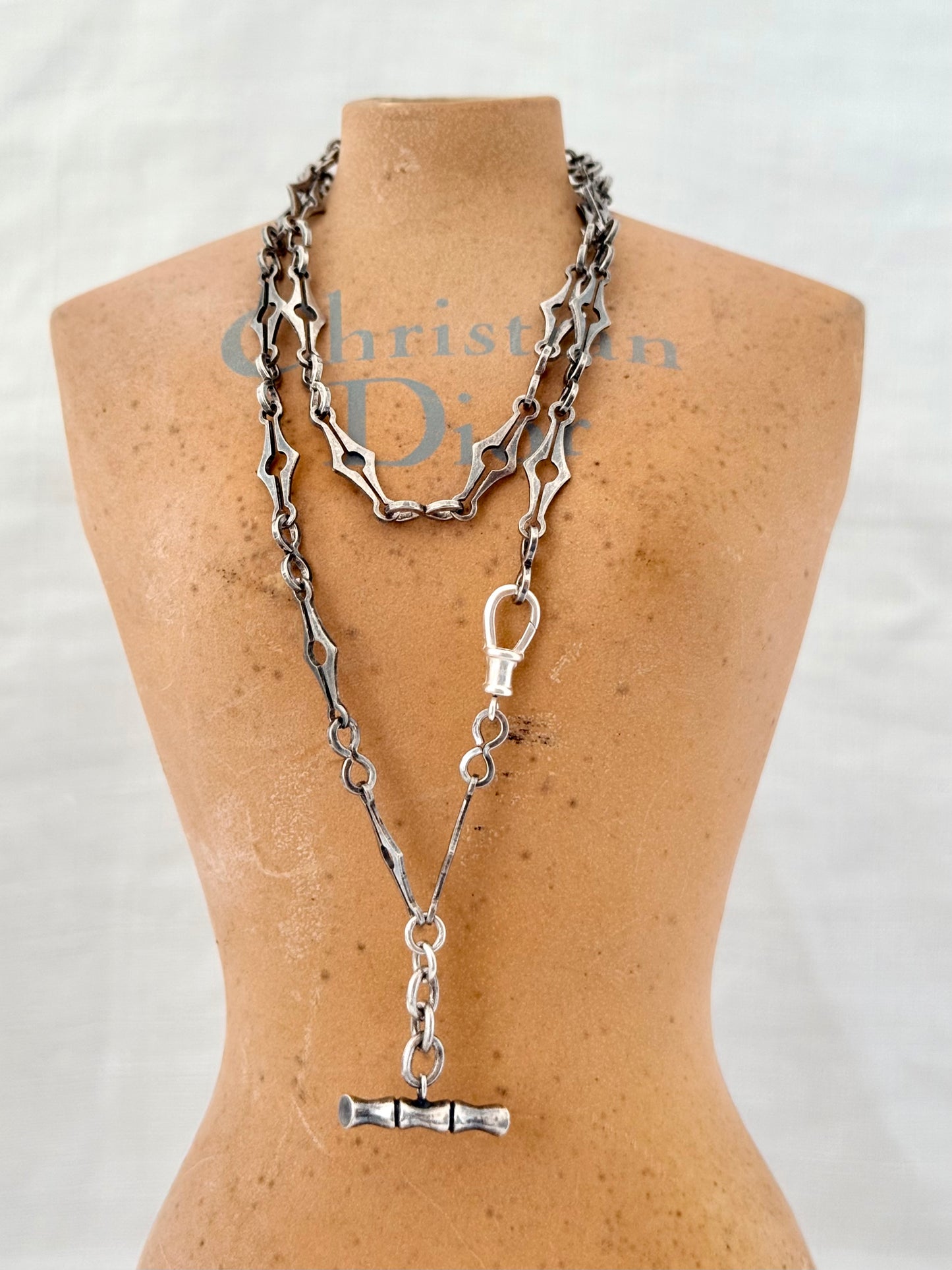 .925 antique revival solid silver fancy multiple link fob chain Modernist diamond and mariners link sterling silver Belle Epoque revival fancy watch chain necklace