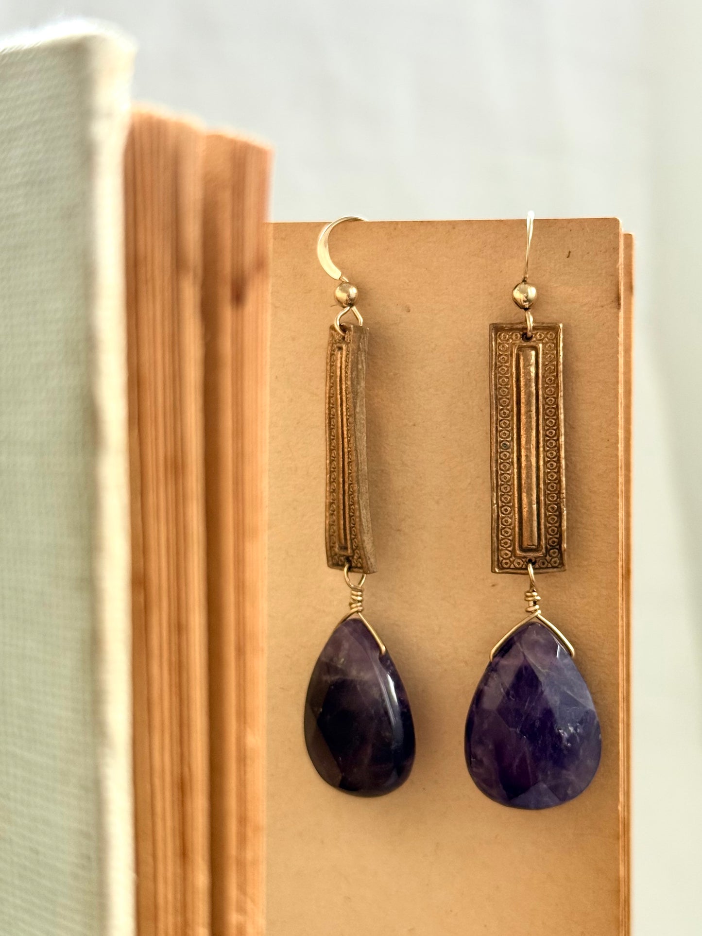 .14k gold Amethyst gemstone Briolette teardrop gold plated artisan made boho drop dangle earrings