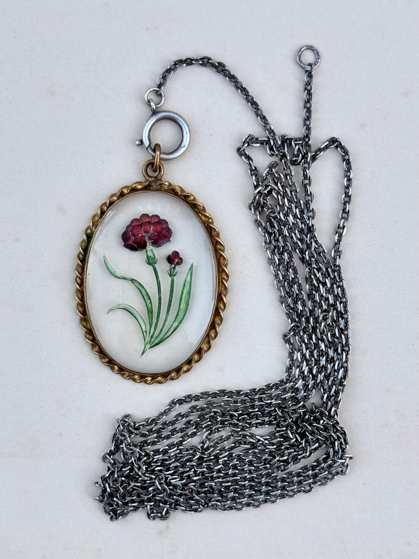.1900s .1920s antique artisan reverse glass Carnation flower hand painted floral glass cabochon pendant