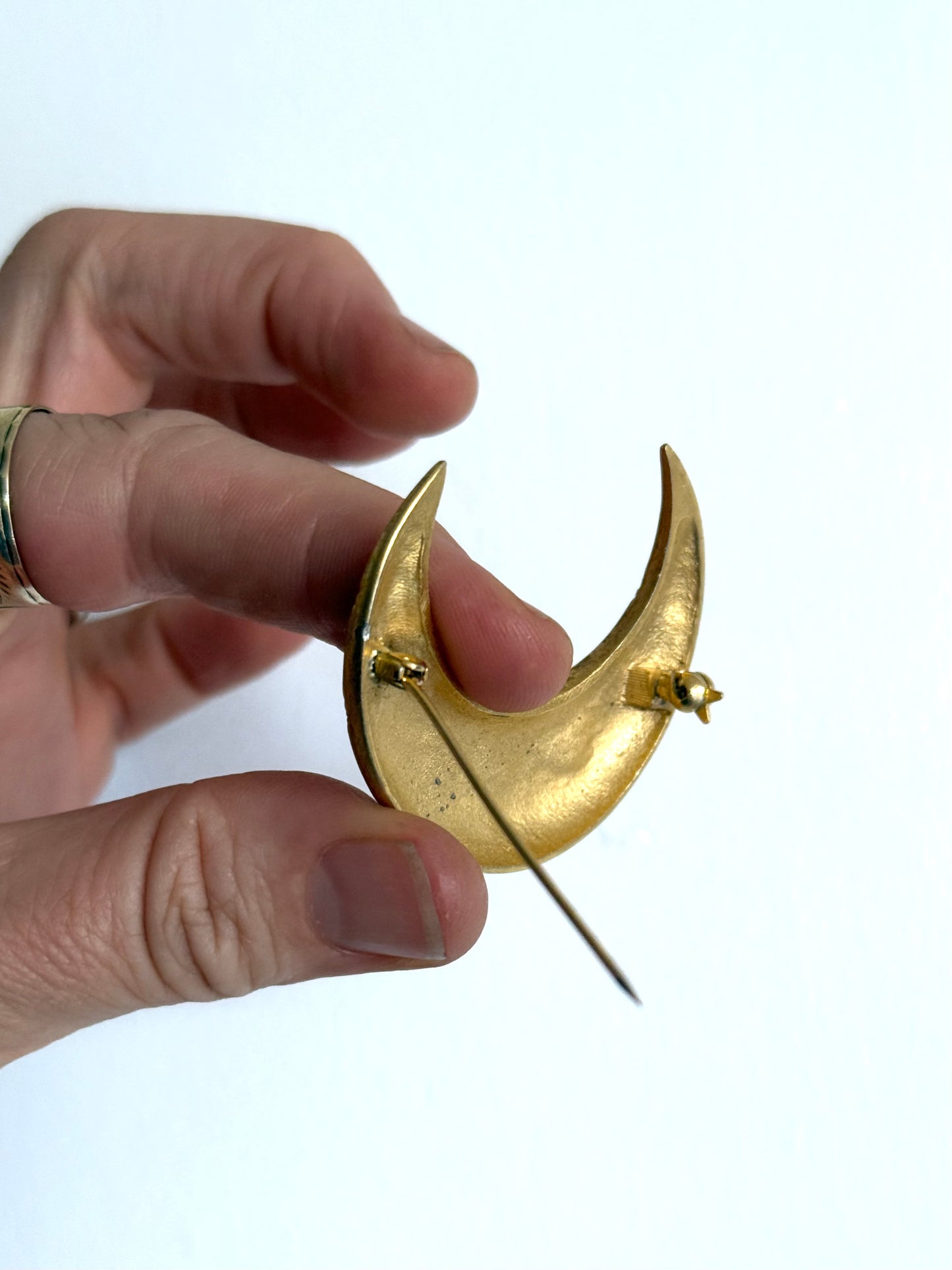 .1980s crescent moon puffy gold diamanté star accent costume moon brooch