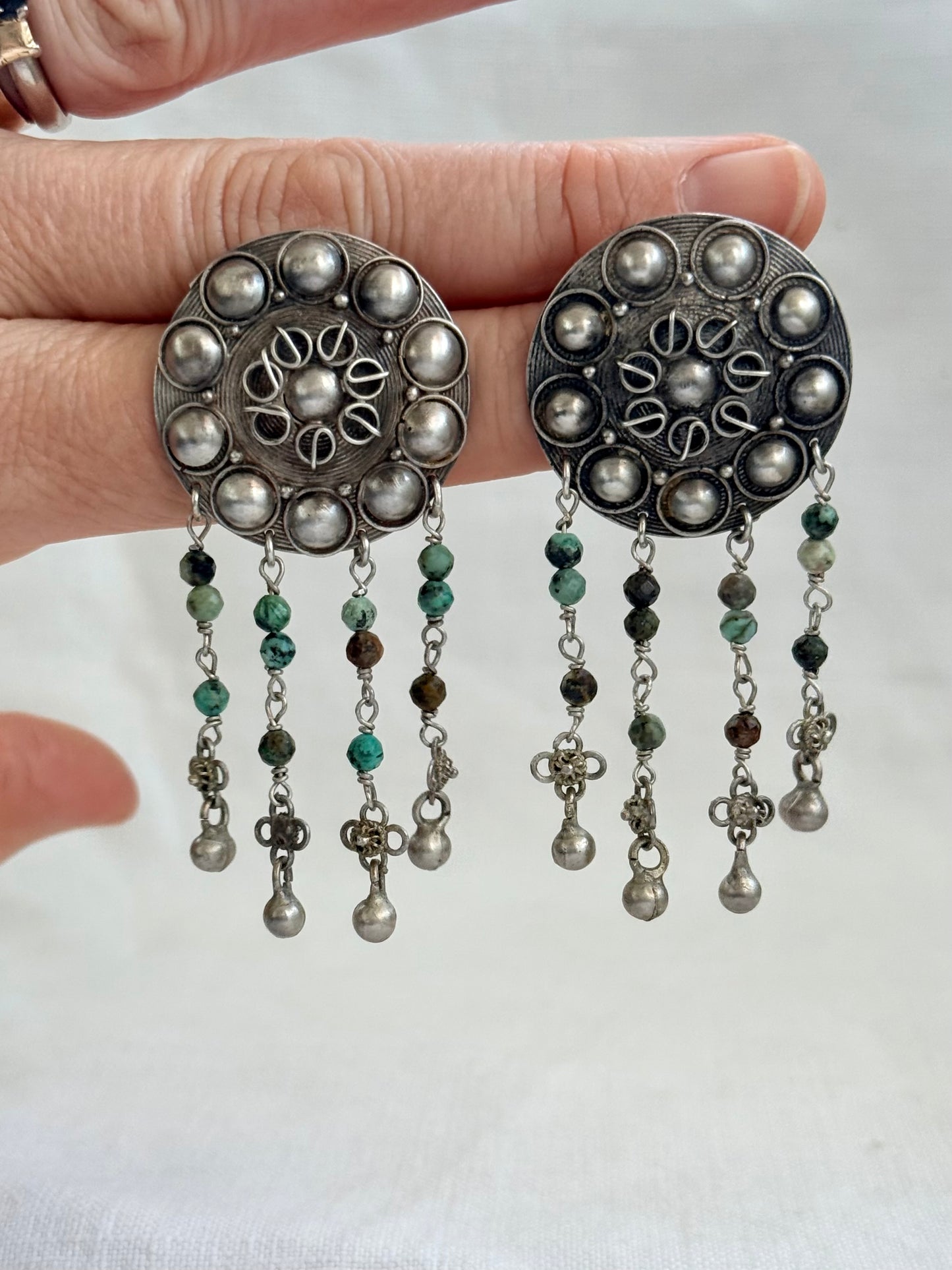 .925 HelenSilverSmit artisan made African Turquoise Tribal shield fringe dangle gemstone earrings
