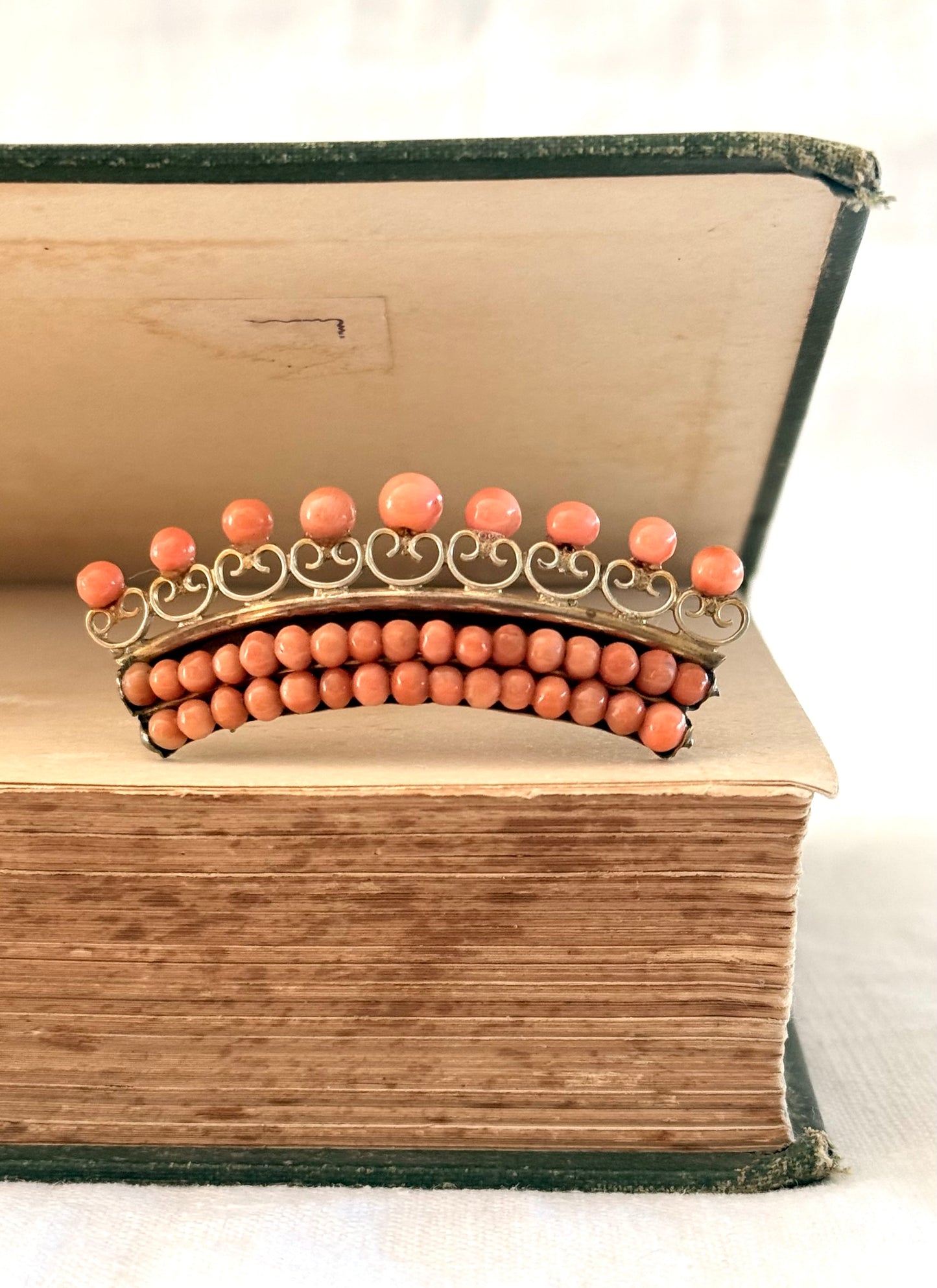 .1800s 19th century antique Salmon Coral Crown Tiara gold tone brooch pin