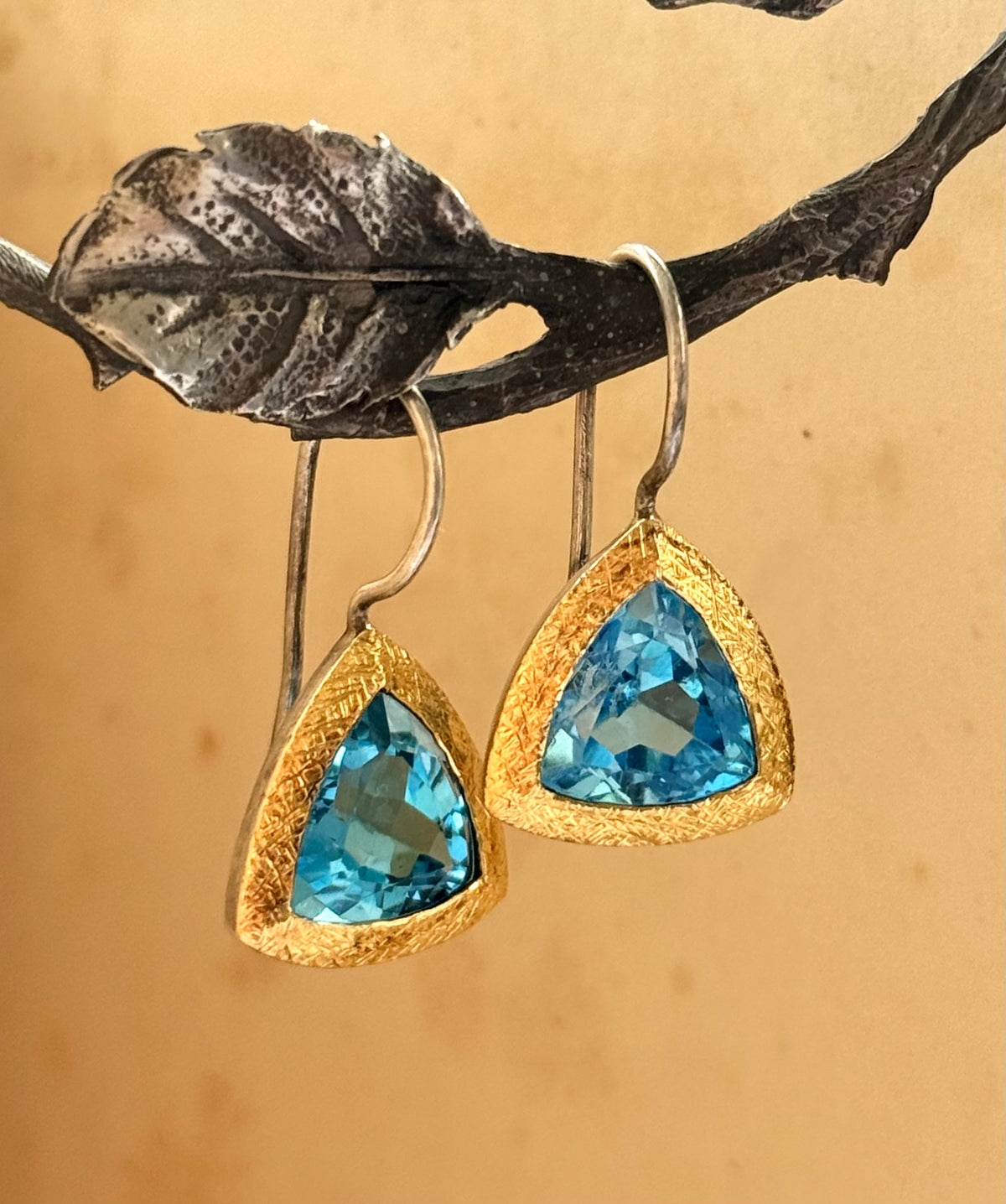.24k yellow gold 925 silver ANPA artisan made Swiss Blue Topaz Trillion gold silver studio made drop dangle earrings