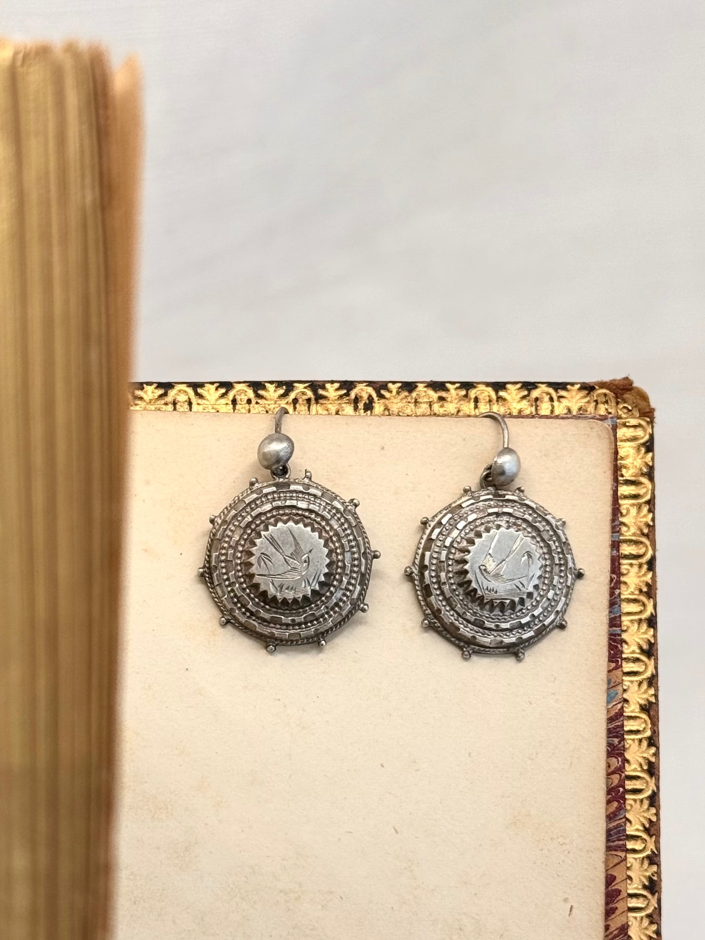 .1870s .1890s .925 Aesthetic Movement Etruscan revival rare and magnificent Victorian antique silver swallow bird sweetheart drop earrings