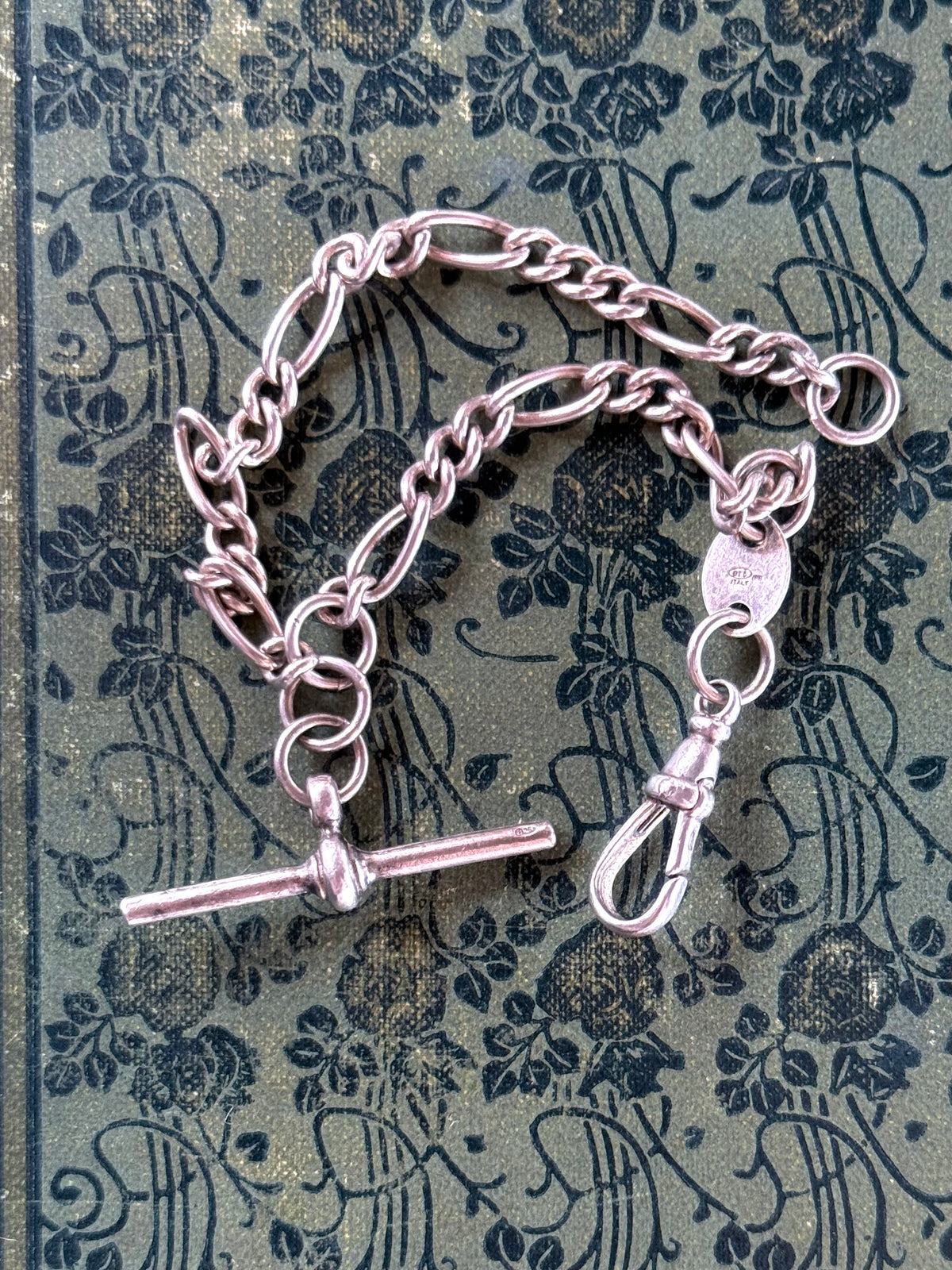 .925 Edwardian revival sterling silver fob chain t-bar toggle chain Italian silver bracelet