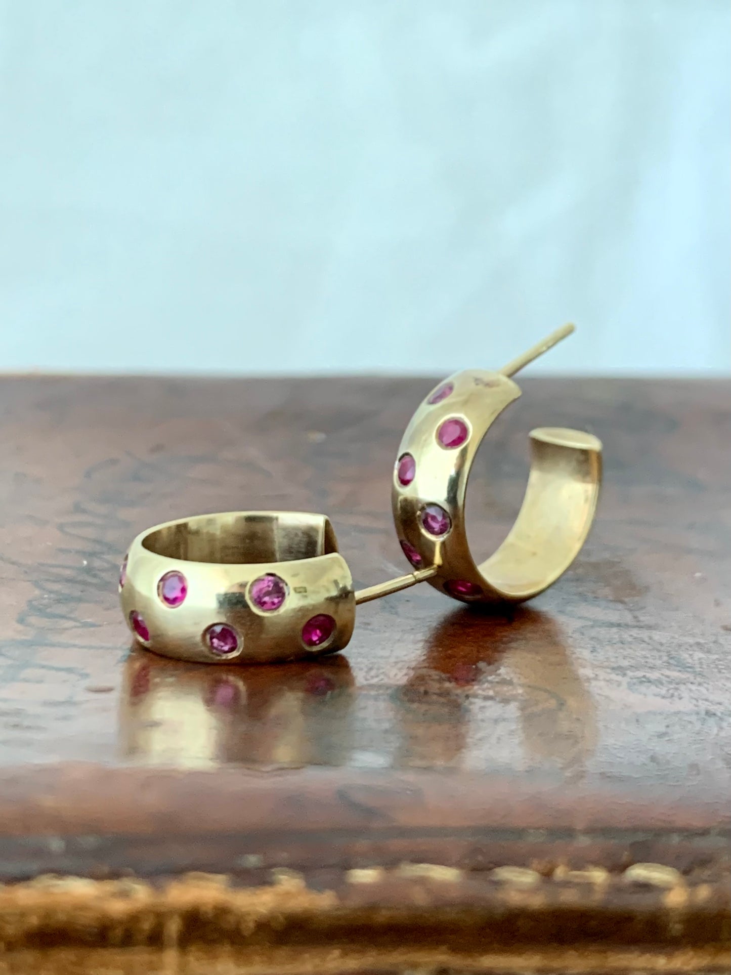 .375 .9ct yellow gold and Ruby gemstone rare studio made one of a kind inset hoop earrings