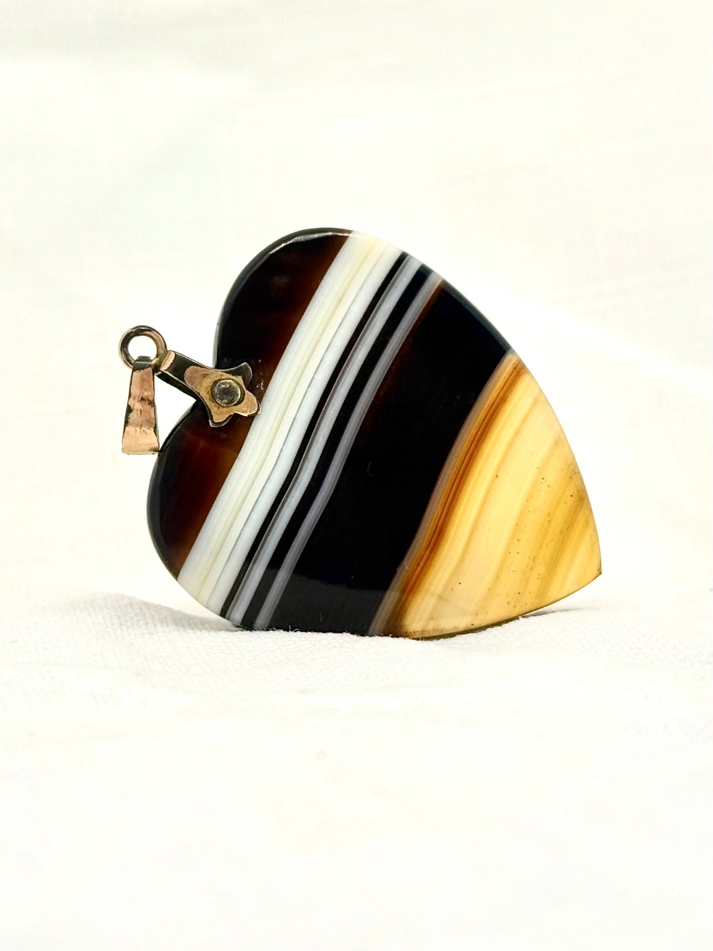 .1920s Art Deco banded agate oversized Victorian revival Irish made heart semi precious gemstone love token symbol pendant