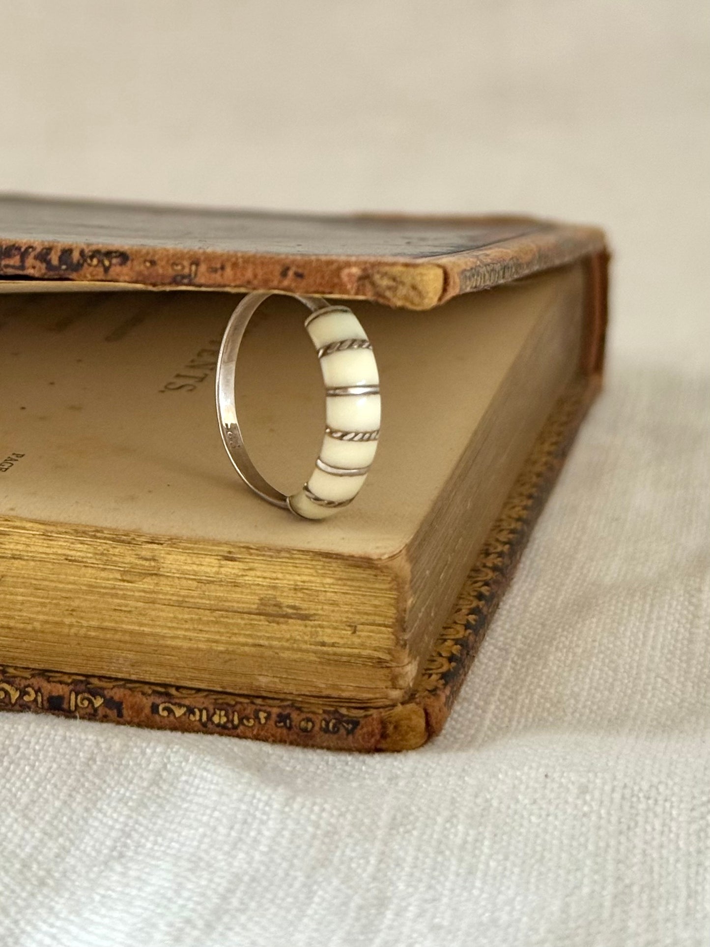 .1960s .1970s .925 artisan silver architectural ivory inlay ring band stackable silver ring