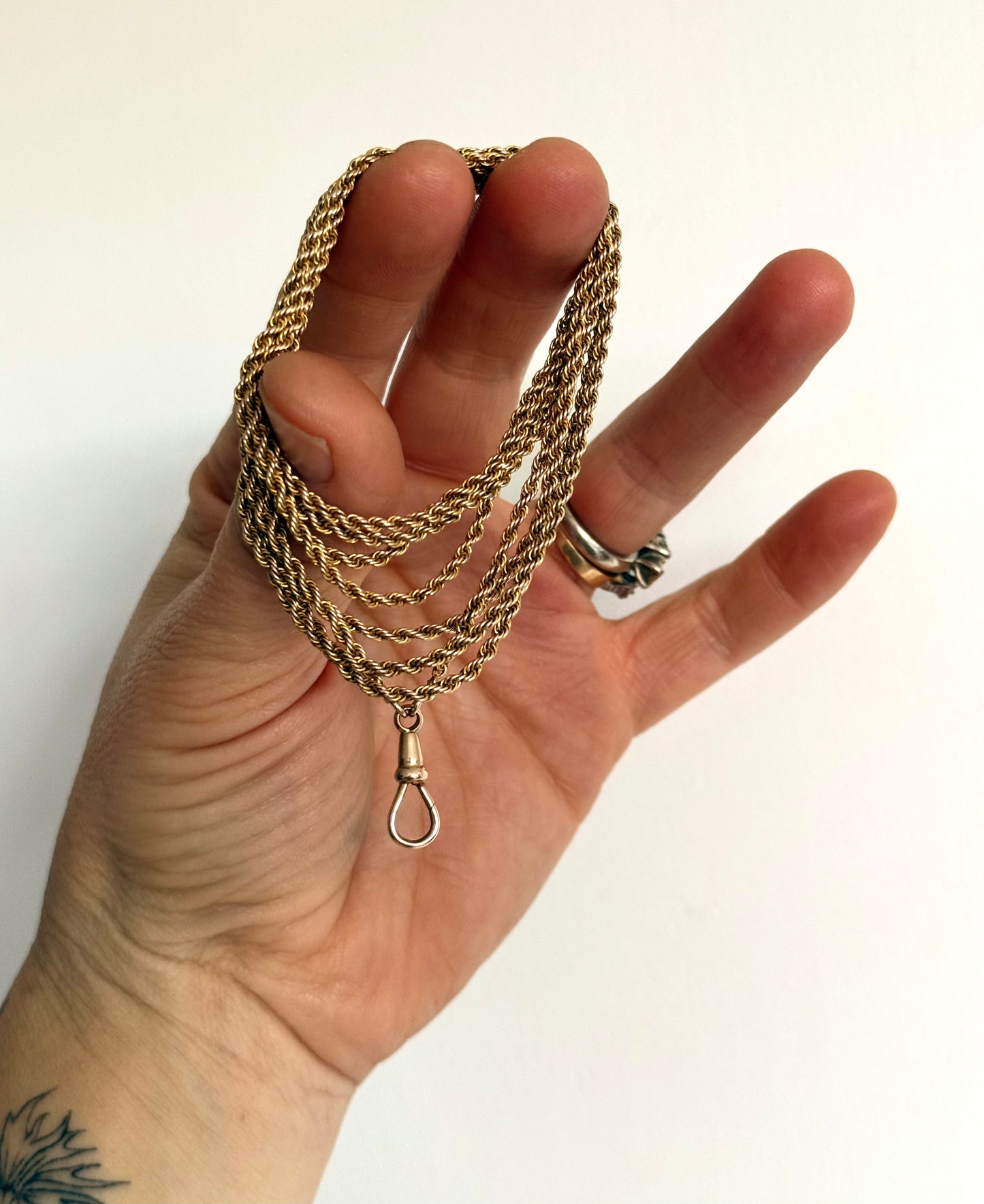 .1890s .1900s .9ct .138.50cm antique Edwardian gold long magnificent rope weave long guard muff chain necklace