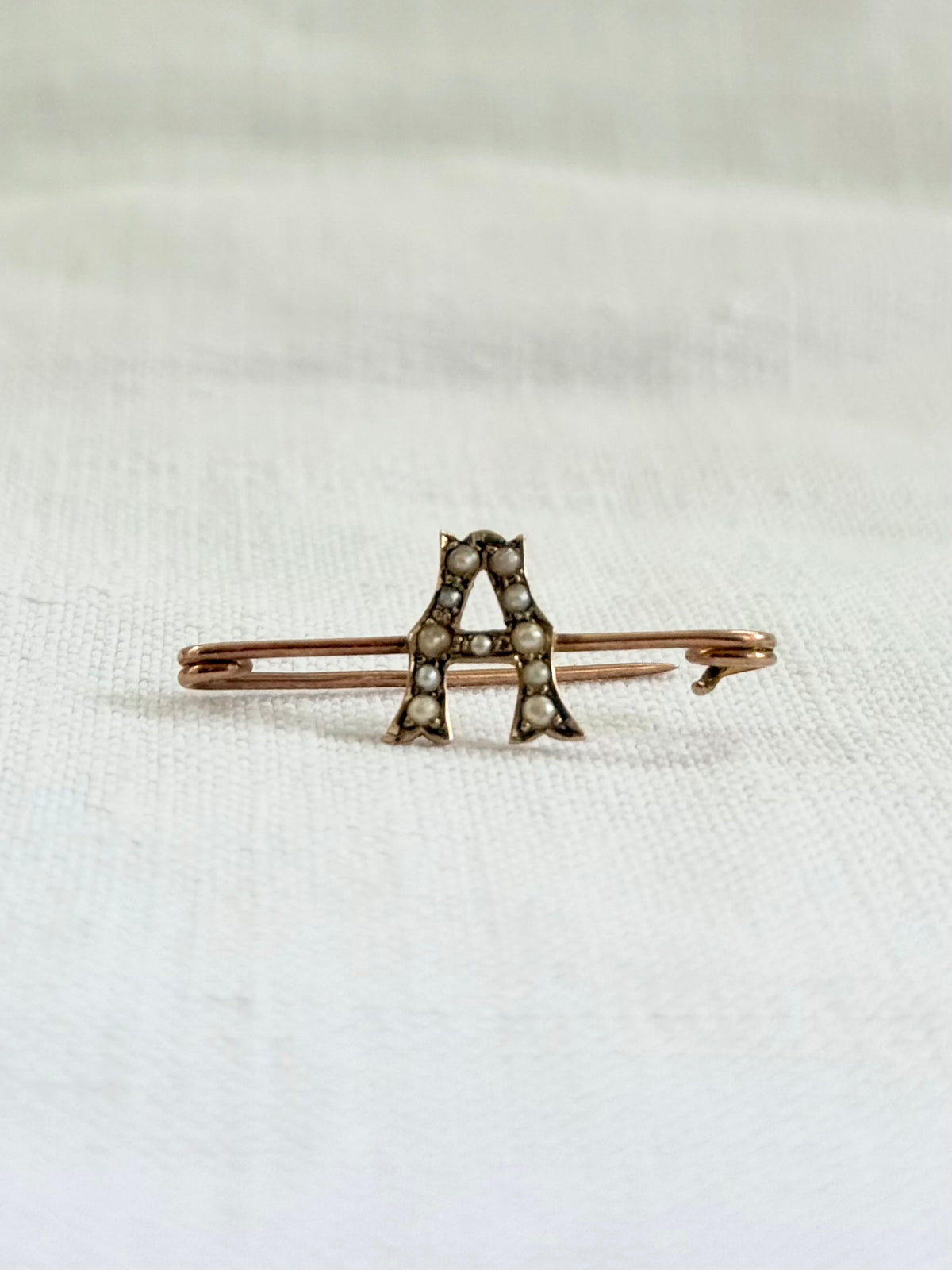 1890s .1900s .375 gold A monogram antique .9ct gold .11 pearl A capital letter sweetheart love toekn brooch