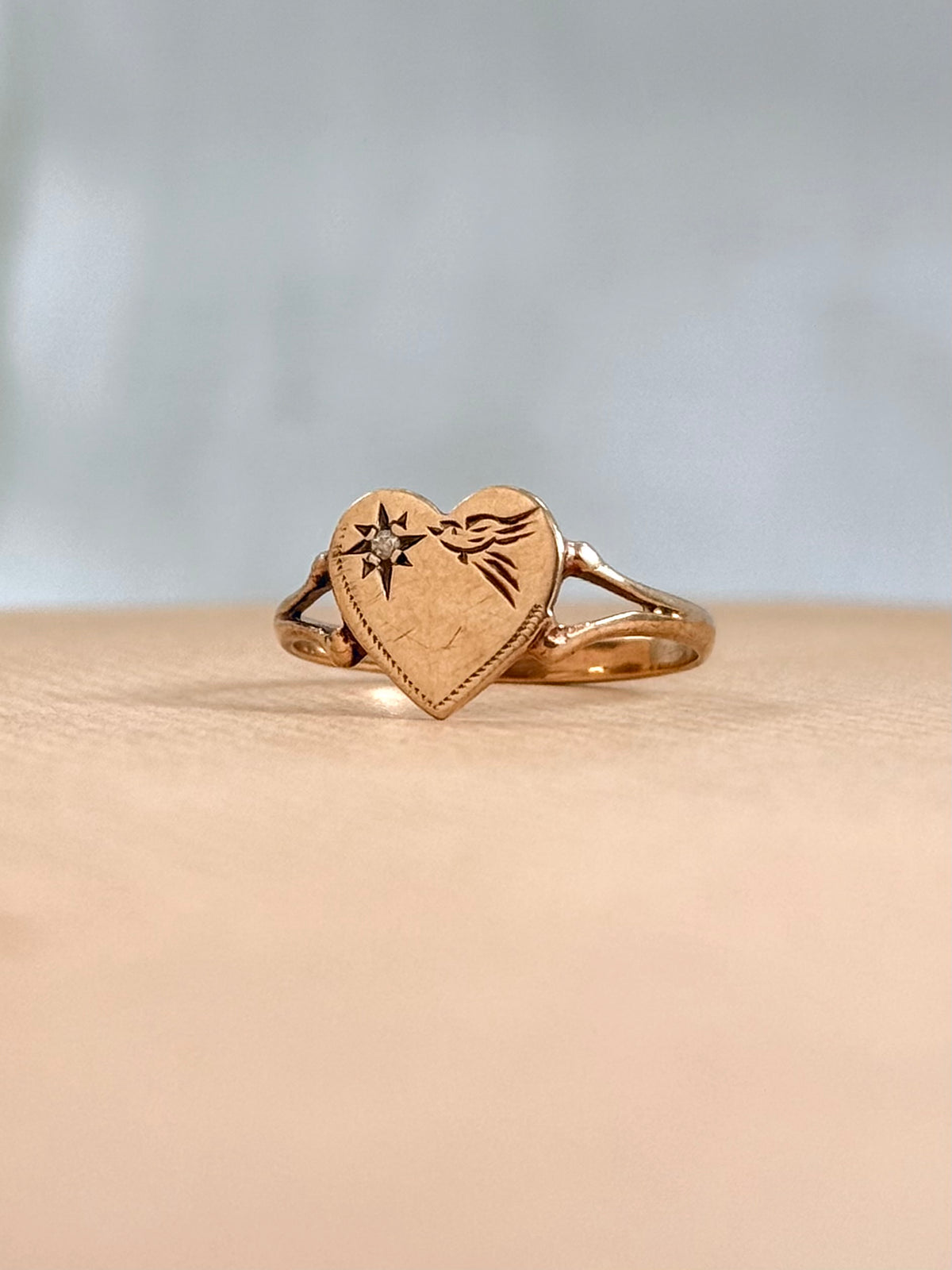 .375 .9ct gold heart token diamond starburst sweetheart love token swallow bird heart ring