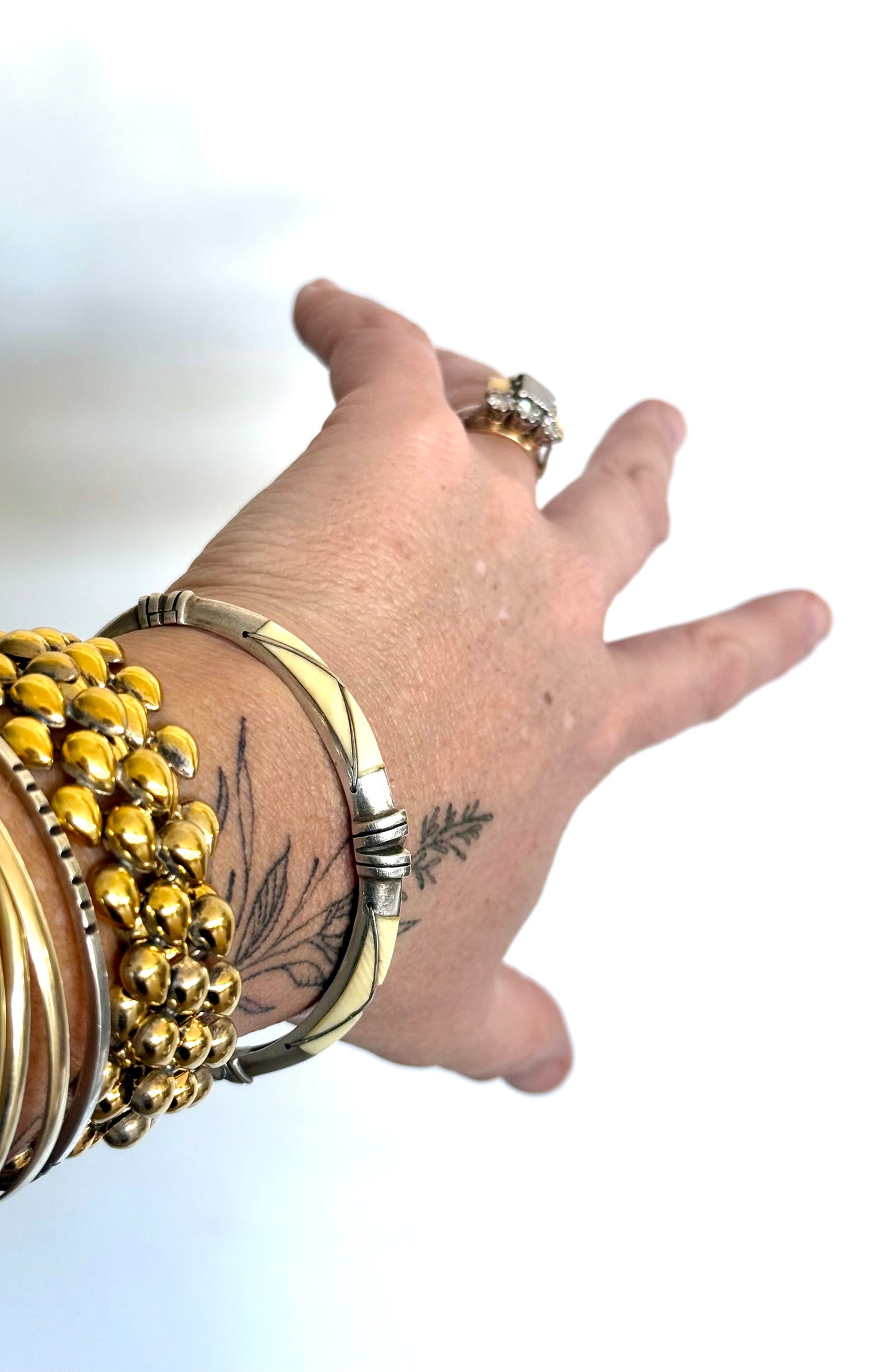 .1940s .1950s .925 modernist silver and ivory inlay tribal style MCM designer clasp bangle