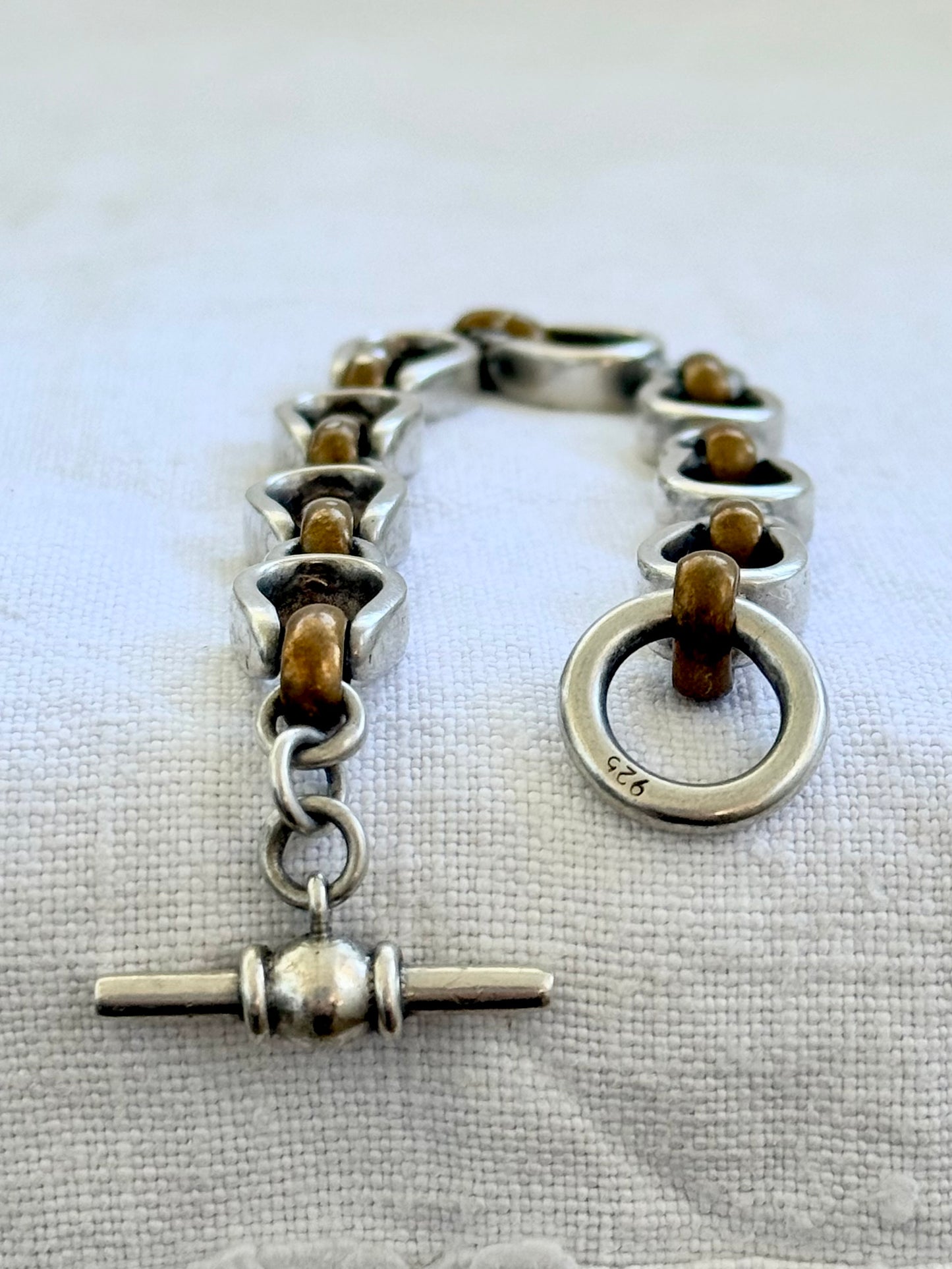 .925 Artisan made solid silver fancy horse shoe hoof link brass link t-bar chain bracelet