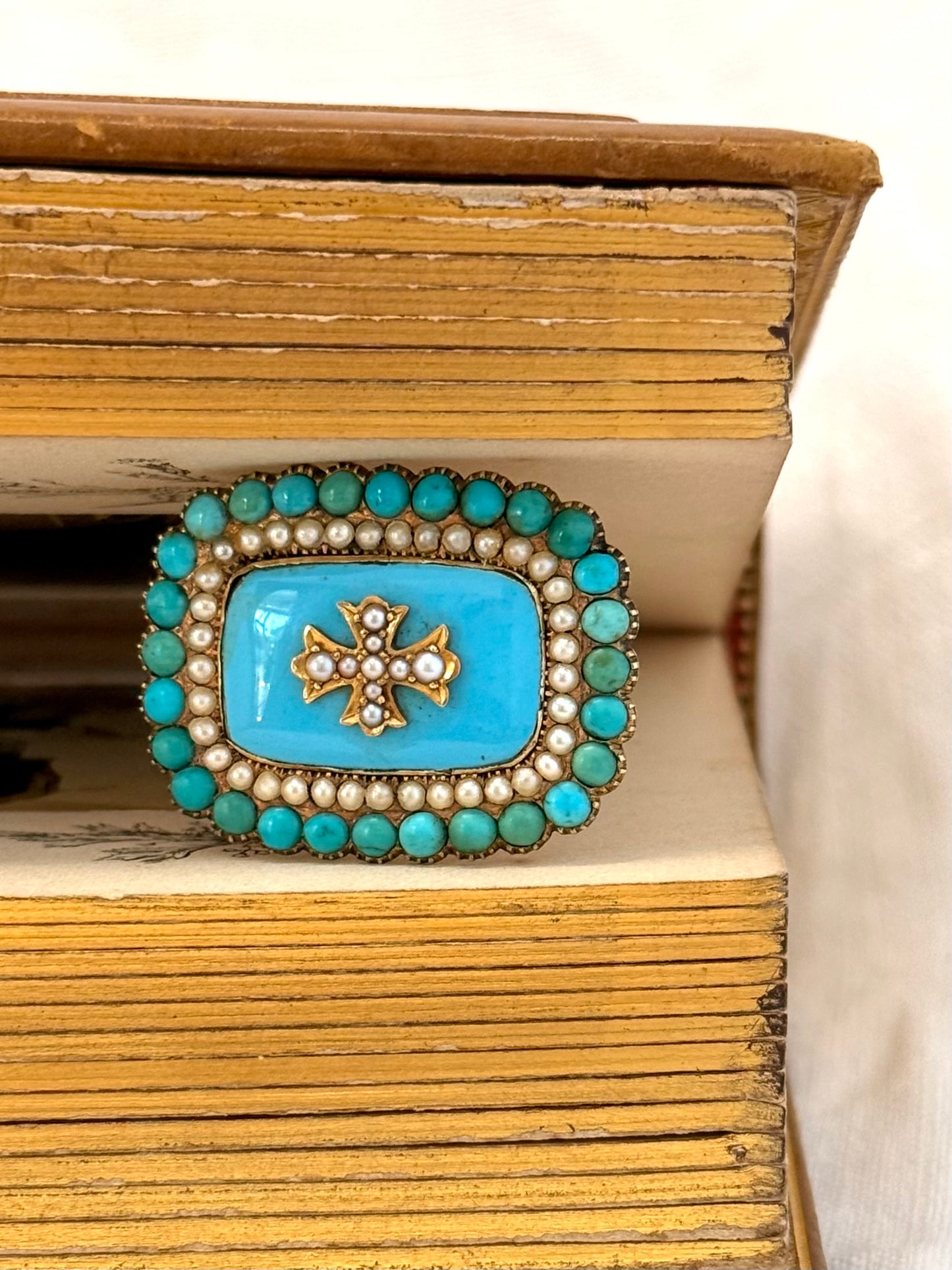 .15ct .1800s antique late Georgian early Victorian rare and magnificent Turquoise Pearl enamel high carat gold Maltese cross brooch pin