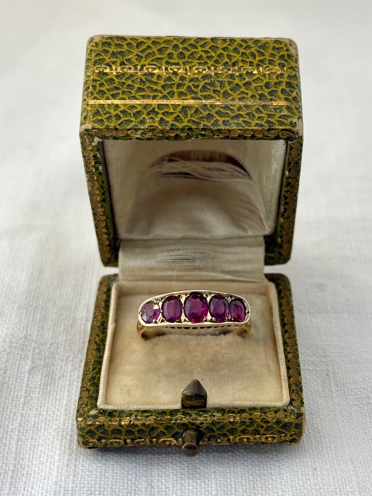.14ct .1900s .1910s antique heirloom Pink Ruby 5 stone across Edwardian yellow gold half eternity boat ring dress ring