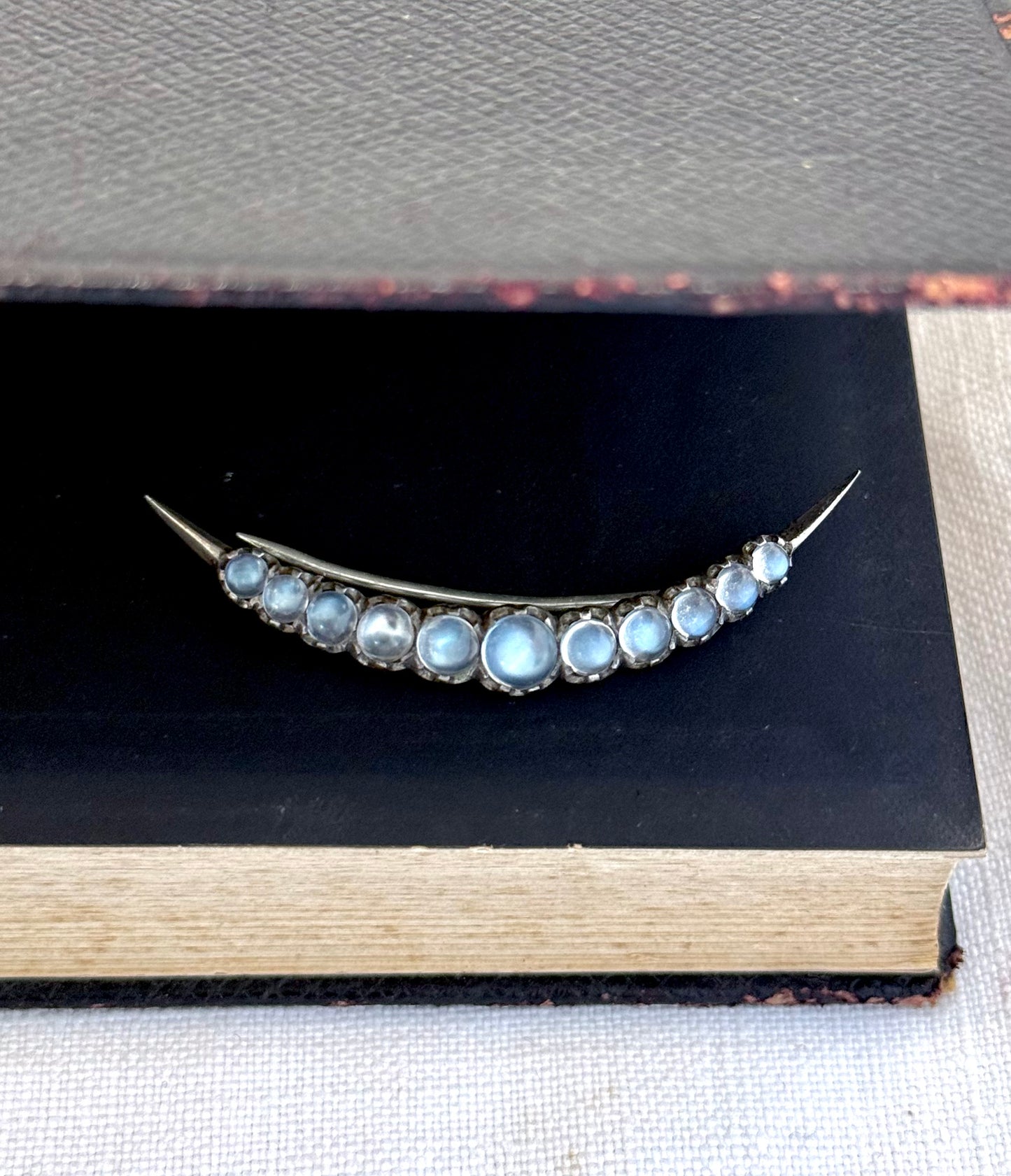 .1880s .1890s .1900s antique beautiful Moonstone half crescent celestial moon collectors brooch