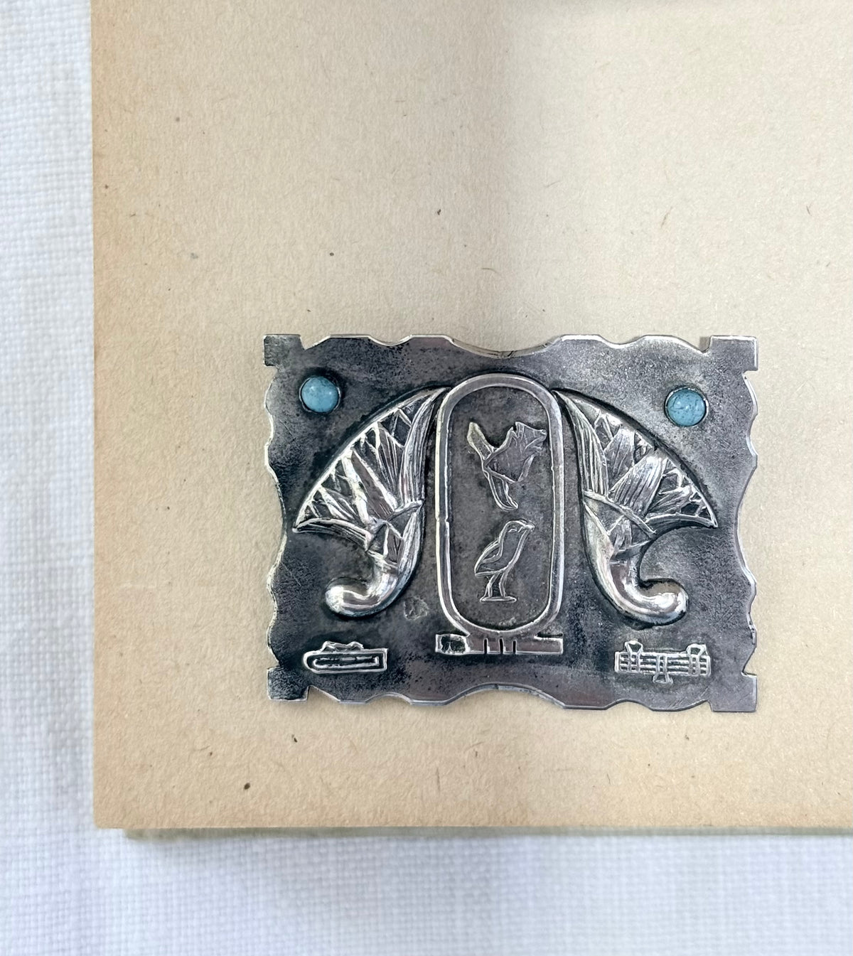 .1940s .800 Egyptian silver Arts & Crafts Hieroglyphics modernist silver and turquoise brooch pin