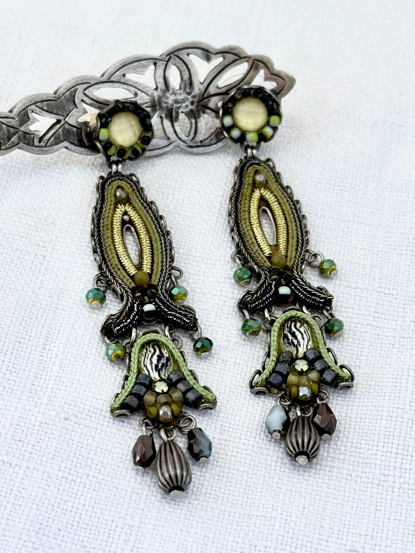 Ayala Bar Designer forest green silver and gold hand made Indigo designer range drop chandelier artisan earrings