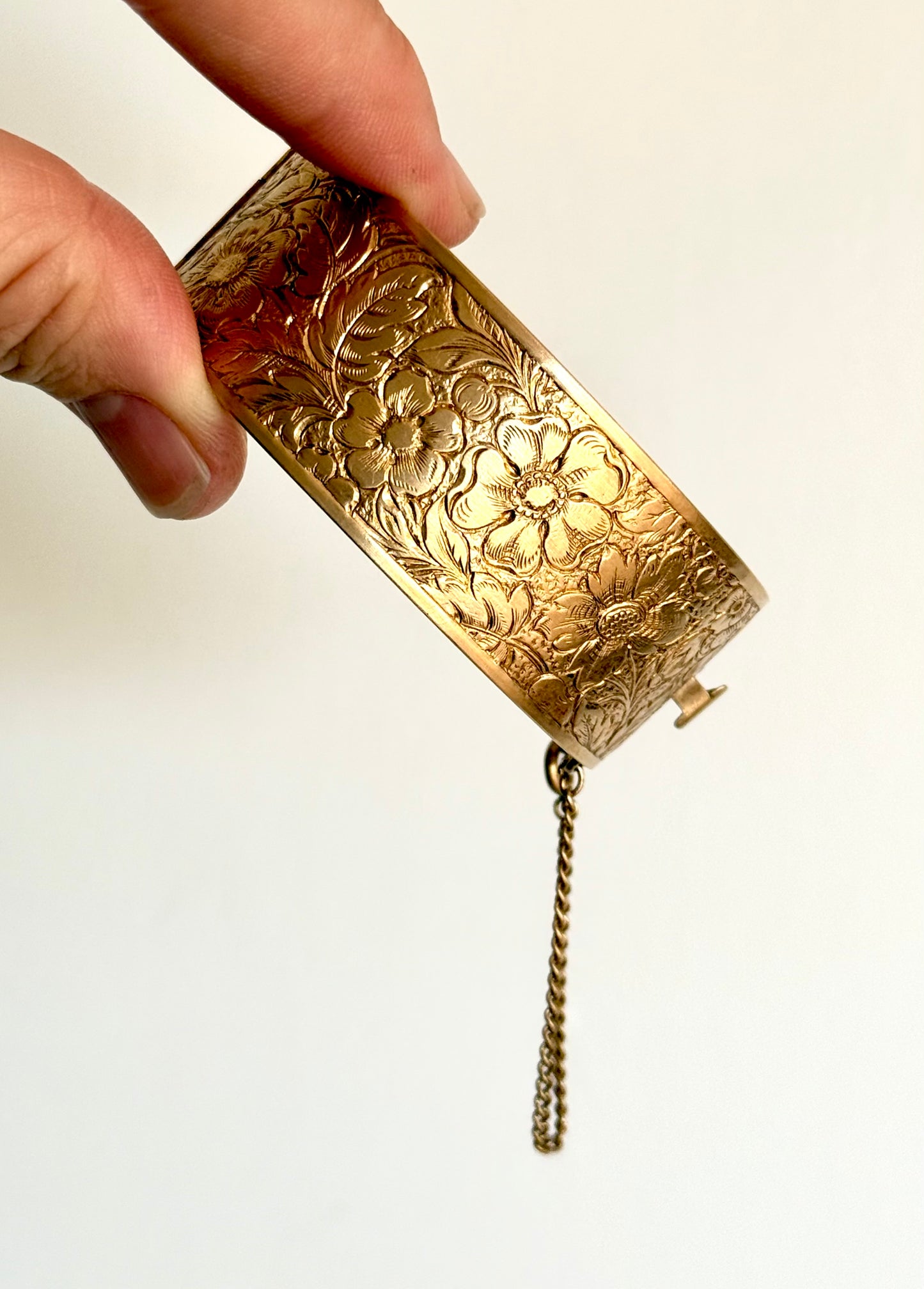 .1900s .1940s Victorian revival Dog Rose floral flower hand engraved gold plated brass romantic clasp bangle