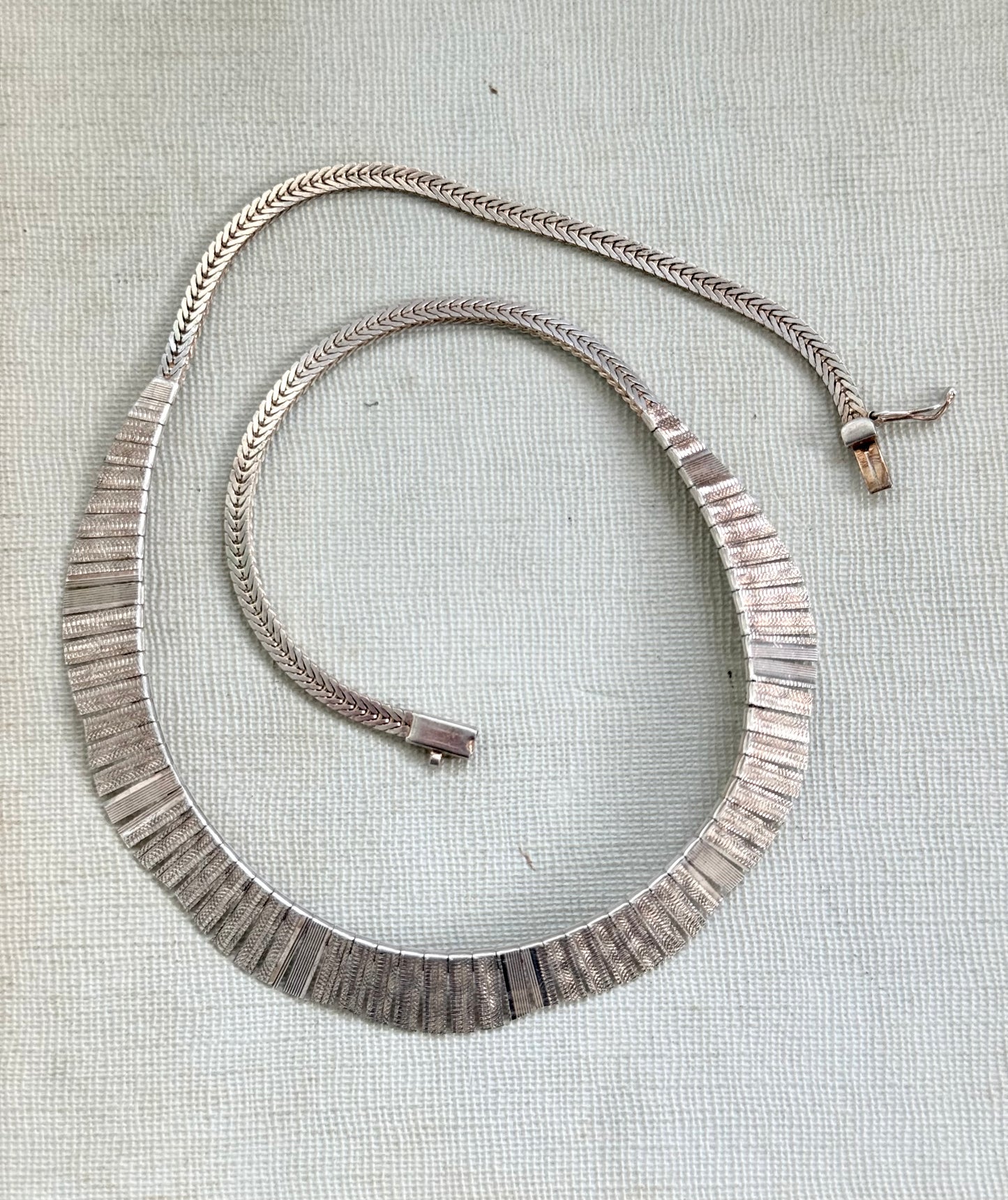 .1960s .1970s .925 Cleopatra Bib styled Scallop form textured form Mid Century Modern bib sterling silver necklace