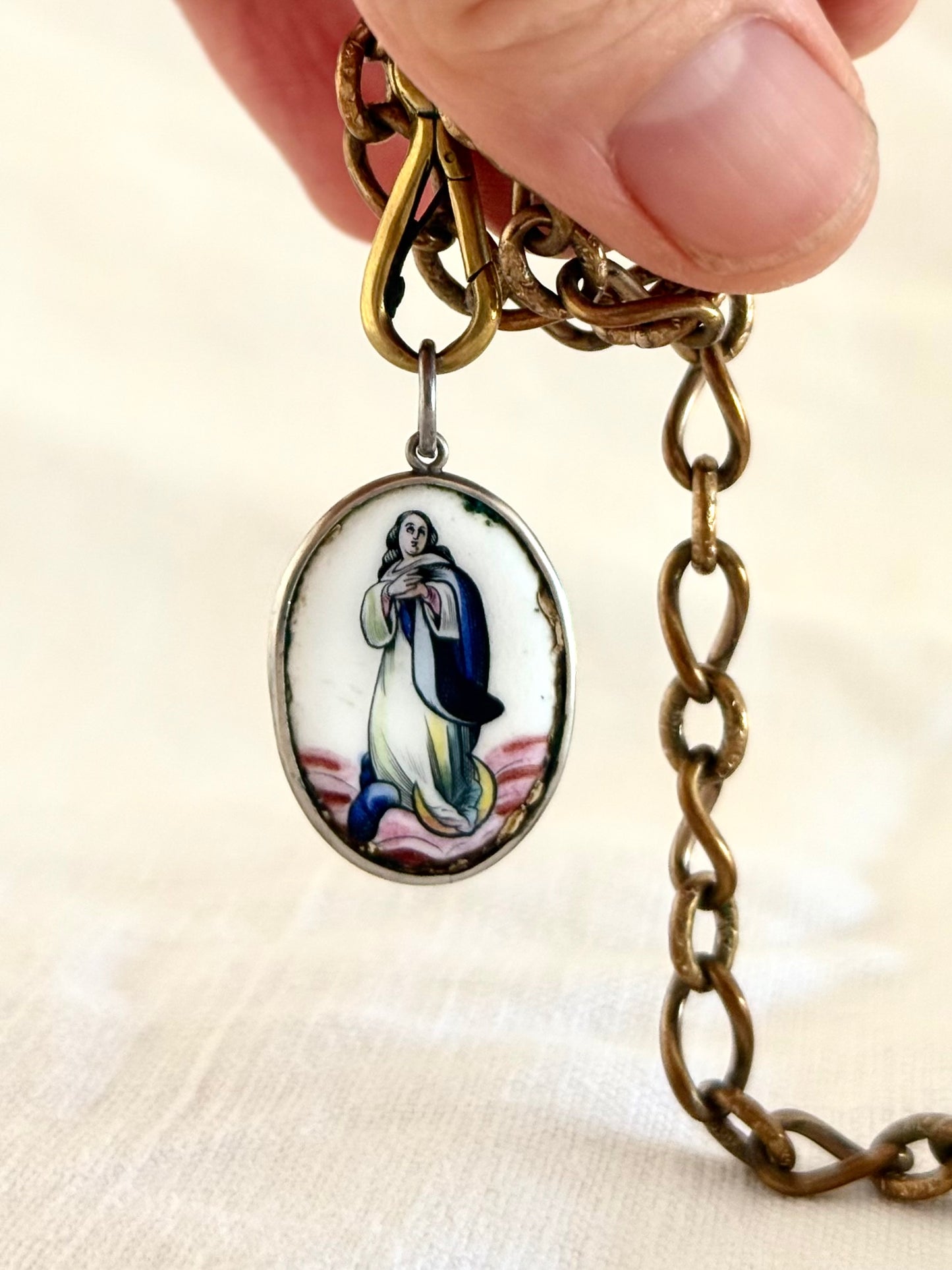 .1890s .1900s antique Portuguese Our Lady of miraculous Conception enamel pendant