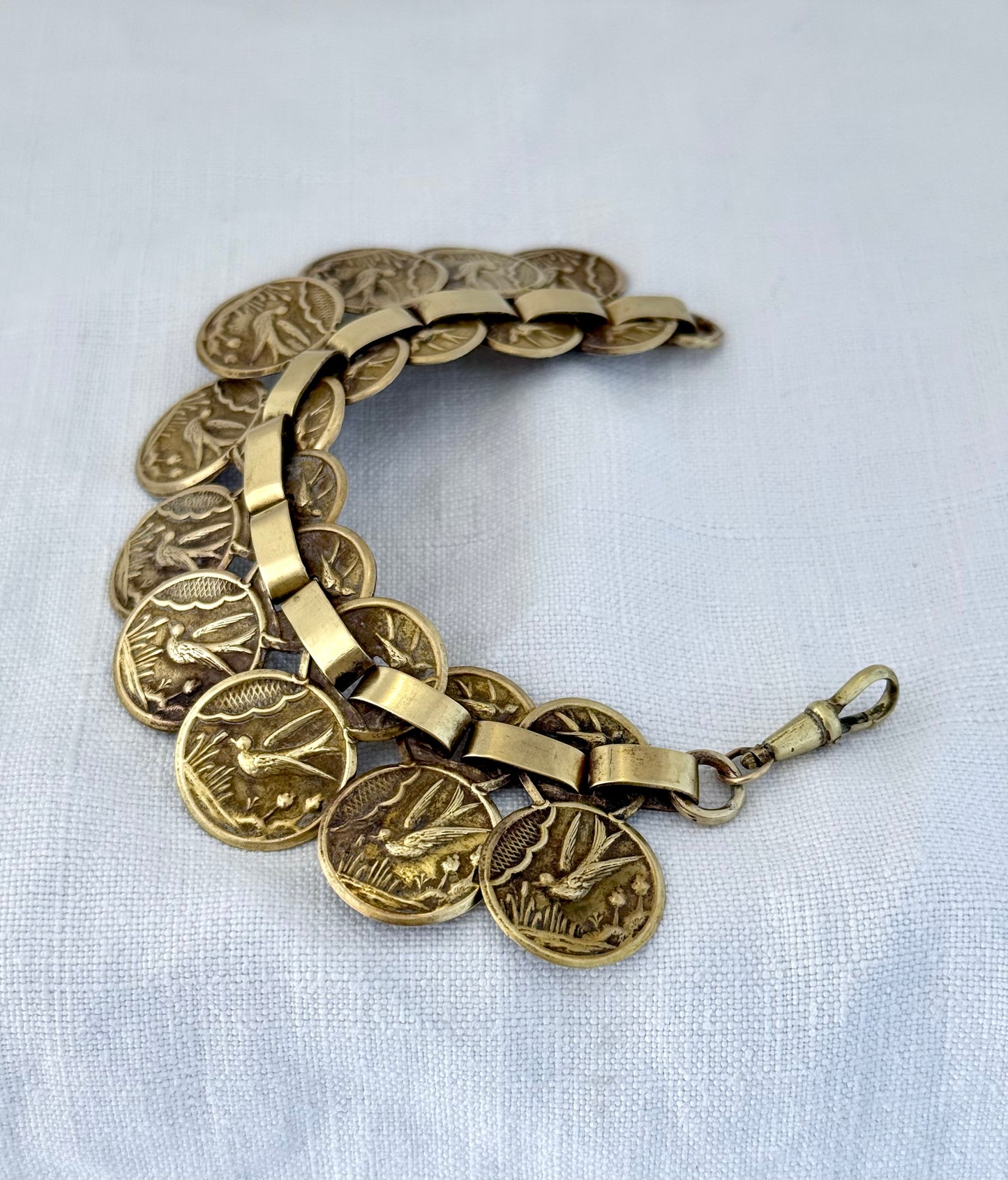 .1880s antique aesthetic movement book link Victorian Gold tone brass Swallow and Swift Sweetheart panel bracelet