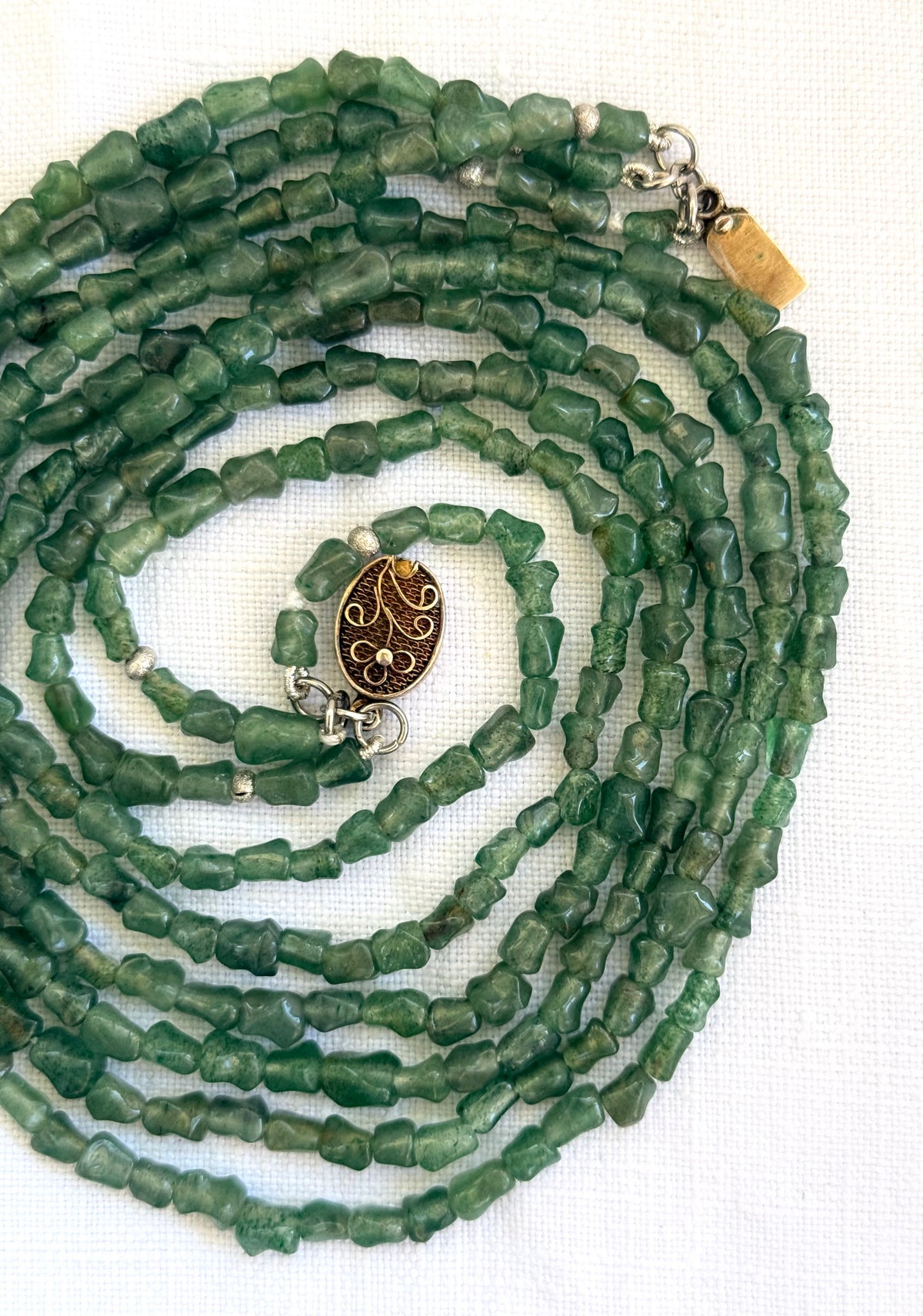 .1920s .1930s .1940s Chinese Aventurine “old Jade” Multi strand hand carved silver bamboo link export silver box clasp collectors necklace