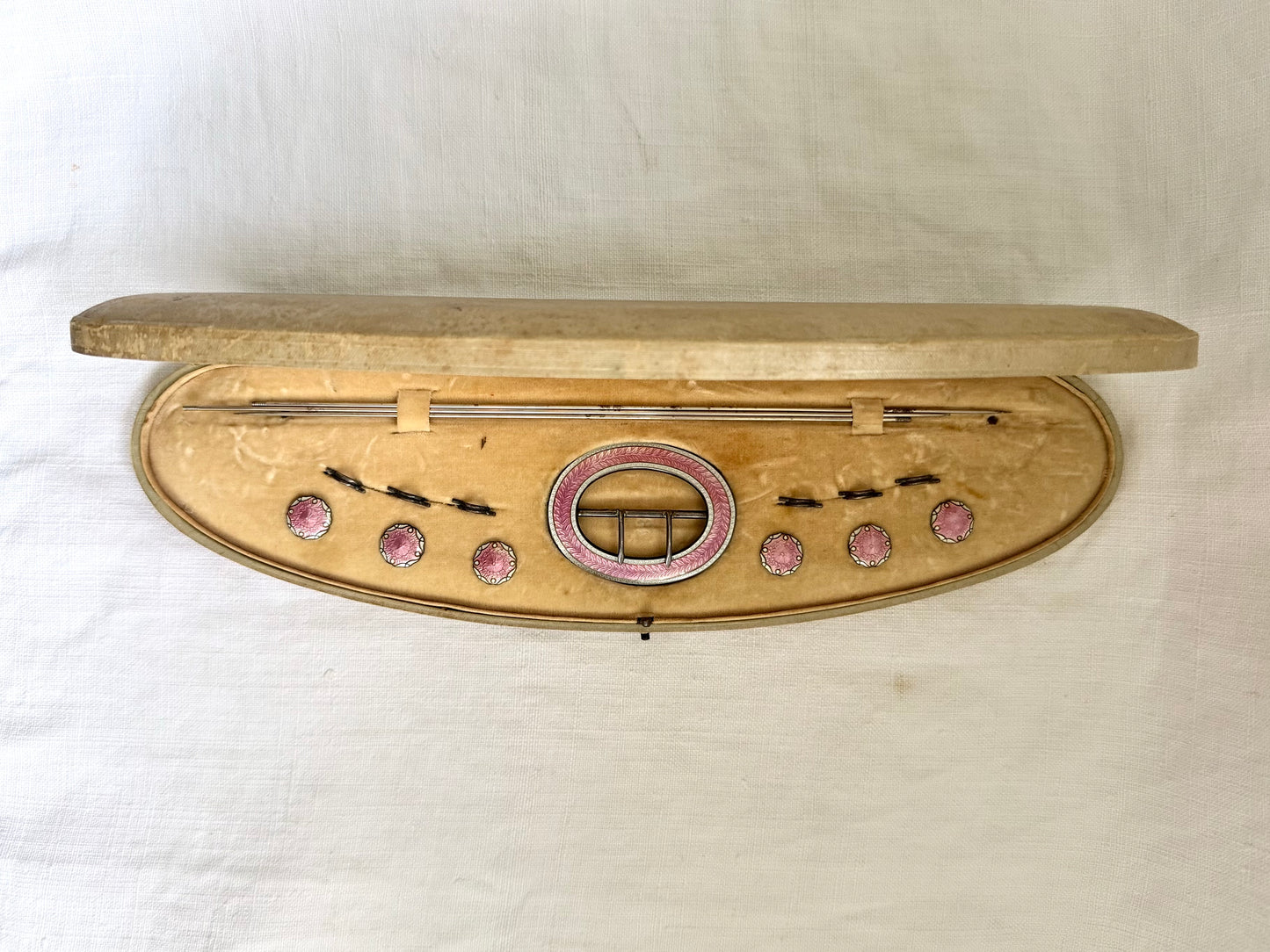 .1912 .925 antique rare collectors pink white enamel Birmingham hallmarked sterling silver Edwardian cased buckle and button and hat pin original boxed set