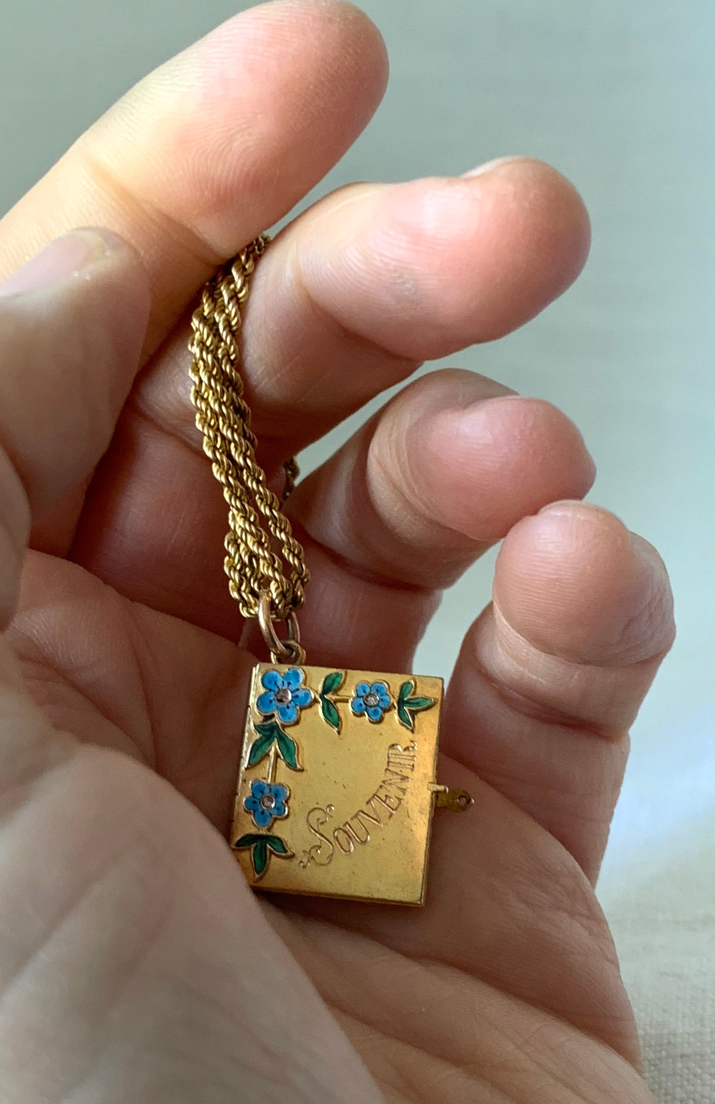 .14ct .585ct 1880s 1900s antique rare solid 14ct gold Diamond and enamel rare Forget me Not flowers French Souvenir Diamond book photo locket sentiment booklet pendant
