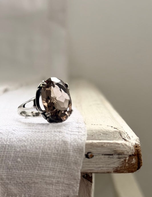 .1960s .925 magnificent large Smoky Quartz gemstone Mid Century Modern grey brown moody faceted gemstone retro Modernist sterling silver cocktail ring