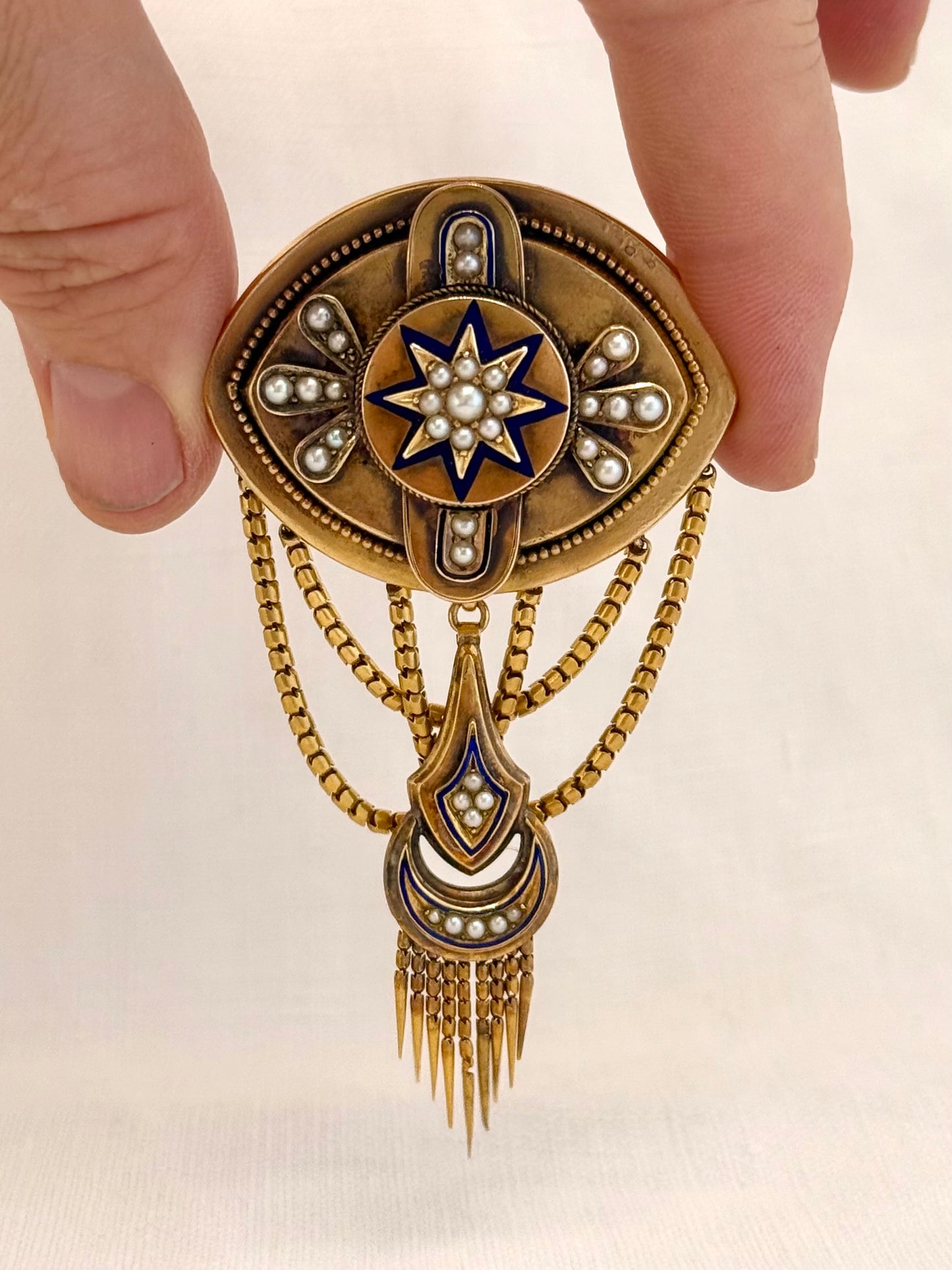 .1800s antique Etruscan revival high carat gold pearl royal blue enamel high carat gold tassel memorial Victorian rare heirloom navette shaped gold brooch