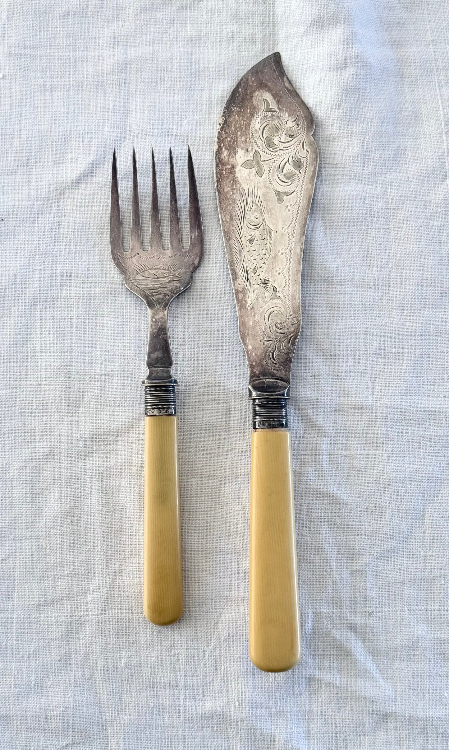 .1902 Antique Art Nouveau old world Fish Server Knife and Fork sterling silver and Silver Plated serving set