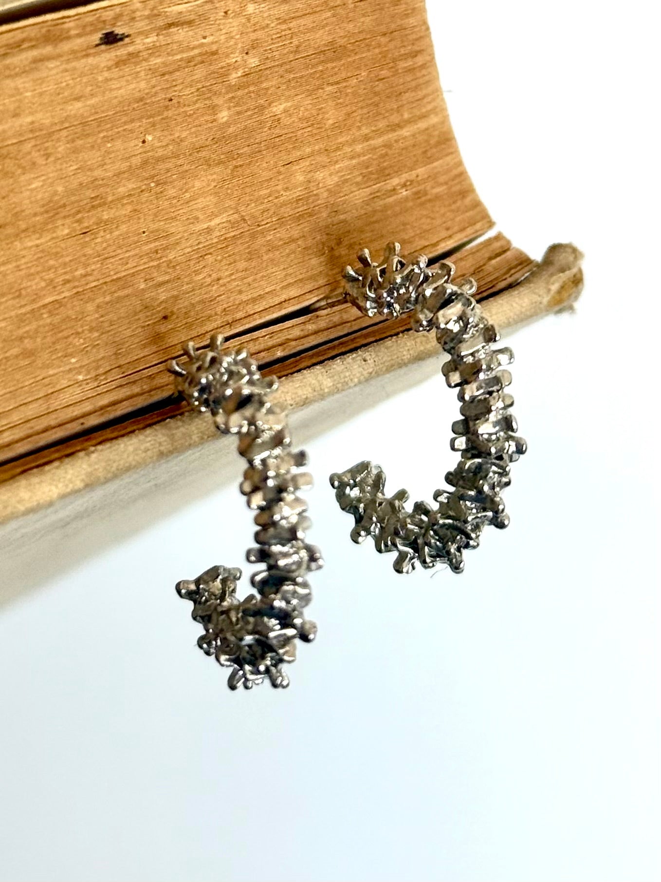 .925 Brutalist style tinsel textured sterling silver hoop push in stud earrings