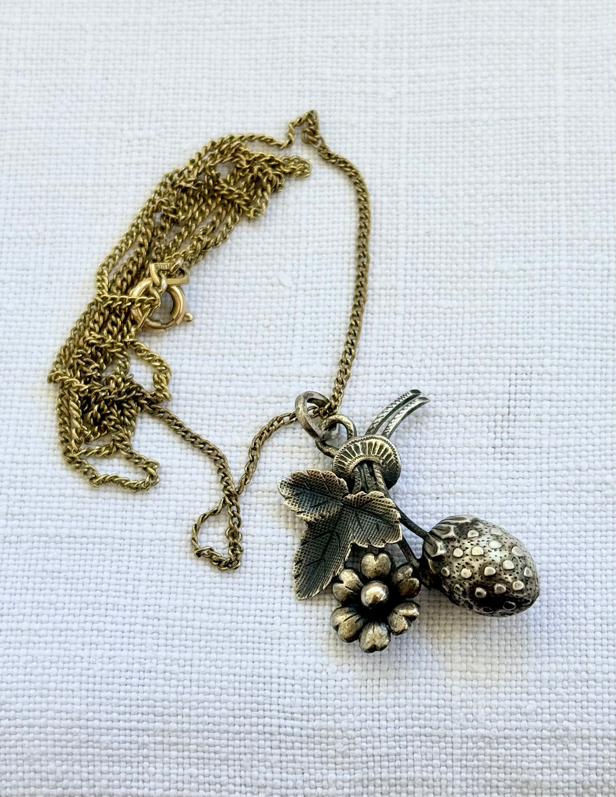 .1900s .1910s Art Nouveau French silver Strawberry and flower pendant and chain necklace