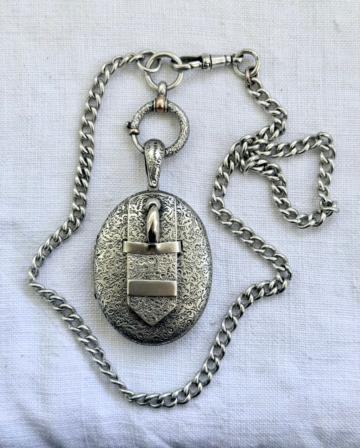 .1900s .1910s .900 .925 silver antique Edwardian solid sterling silver fob chain watch chain curb chain with rare fancy oversized bolt ring spring clasp
