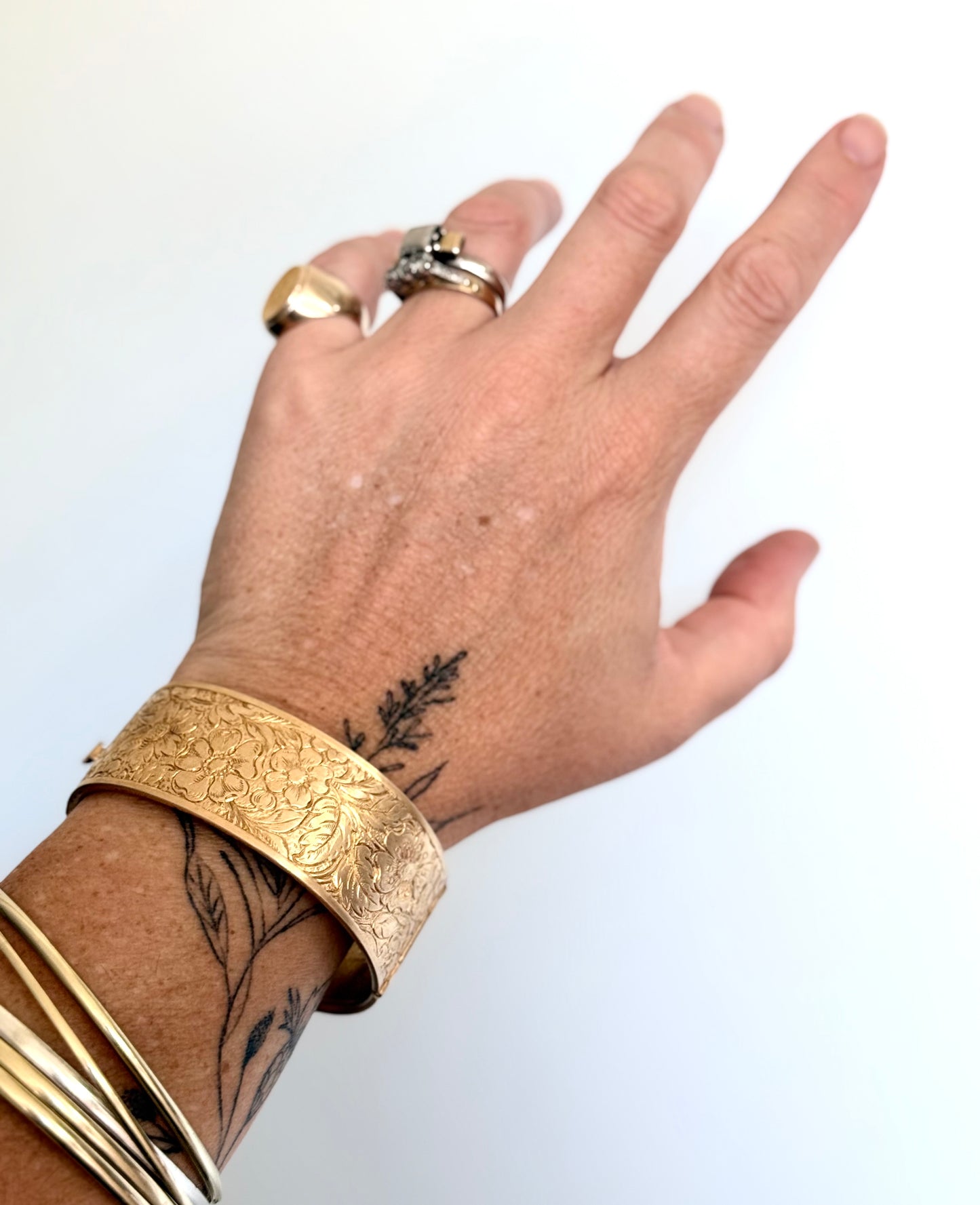 .1900s .1940s Victorian revival Dog Rose floral flower hand engraved gold plated brass romantic clasp bangle