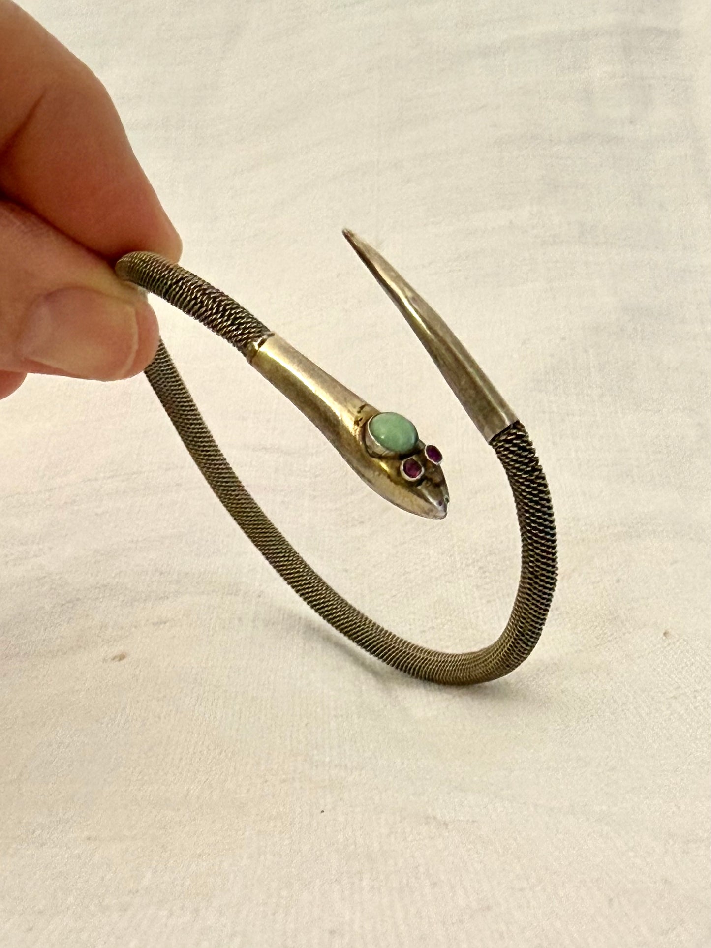 .1920s .1930s antique Victorian revival silver Snake Serpent and Chrysoprase Ruby gemstone head bangle