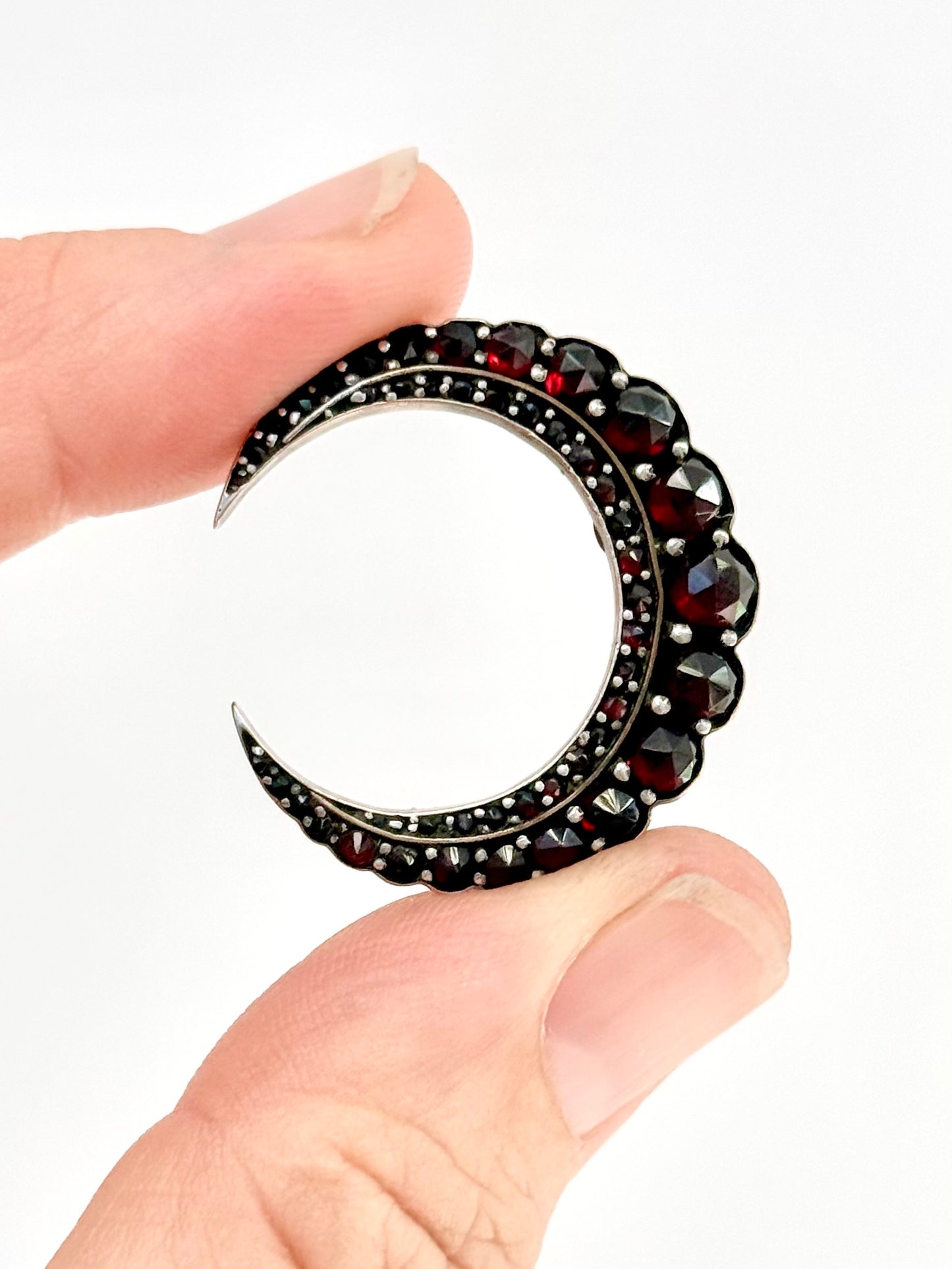 .1880s .1890s antique fine Bohemian Garnet gemstone set crescent celestial moon collectors silver gold brooch
