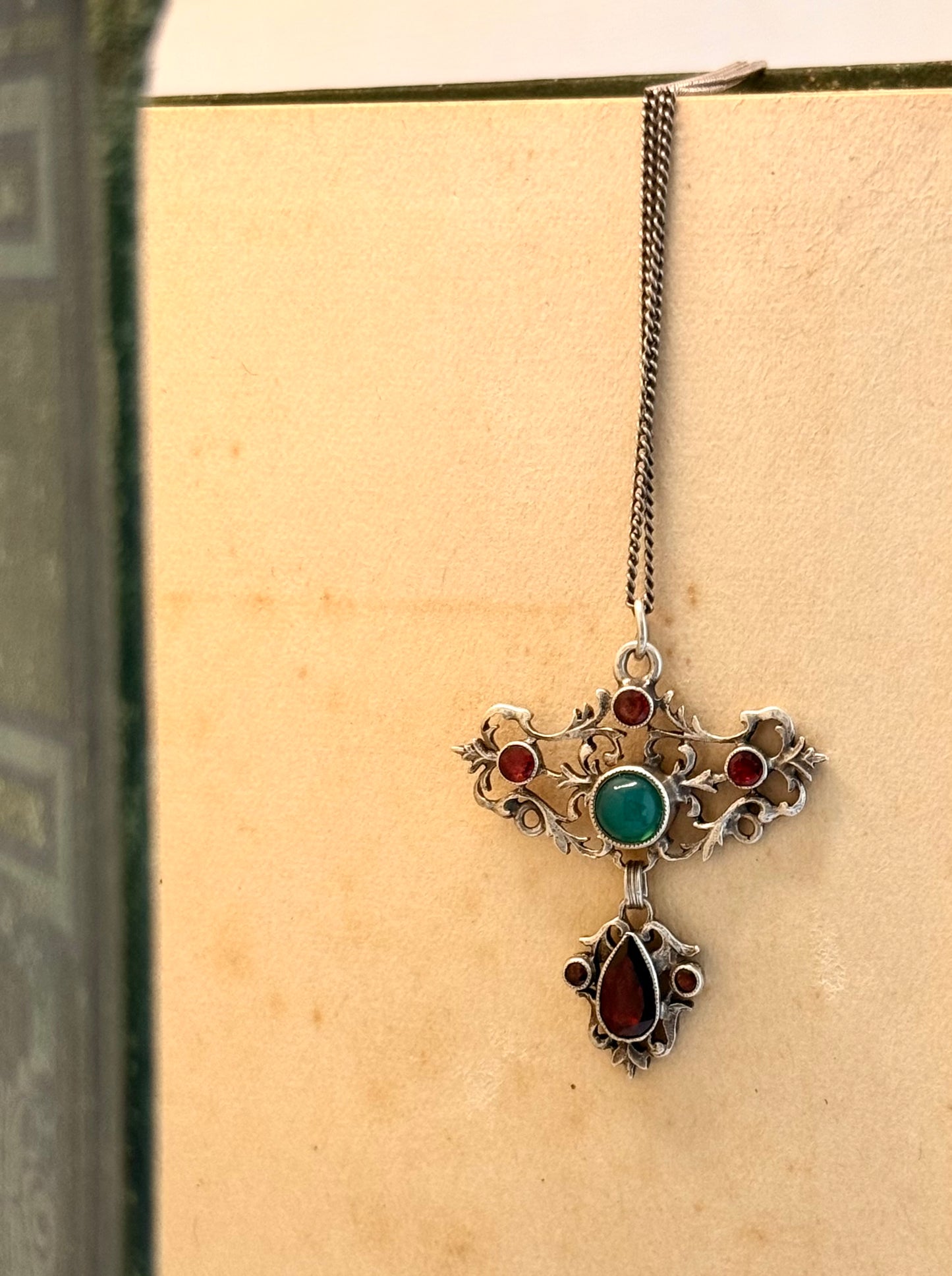 .1800s Antique Austro-Hungarian rare Garnet and Chrysoprase gemstone collectors treasure Victorian era silver lavaliere fancy filigree pendant