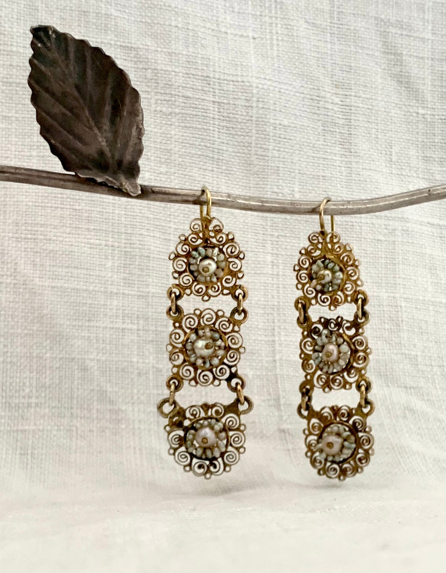.1800s .1820s early rare Collectors find Early Georgian era Sicilian Italian antique gold and pearl highly sought after fine high carat gold filigree dangle estate find earrings.