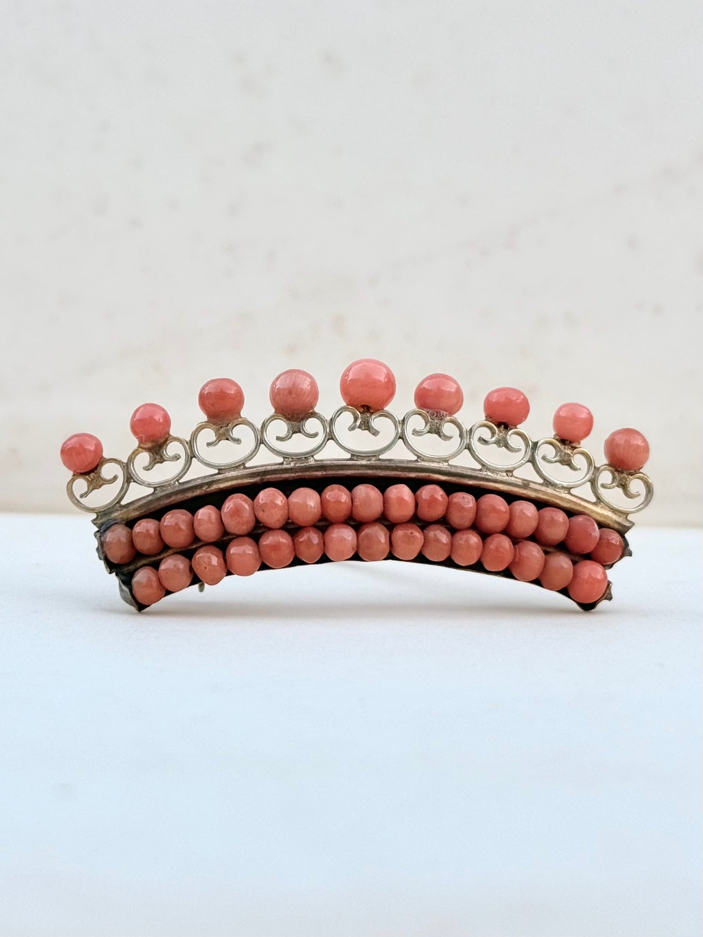 .1800s 19th century antique Salmon Coral Crown Tiara gold tone brooch pin