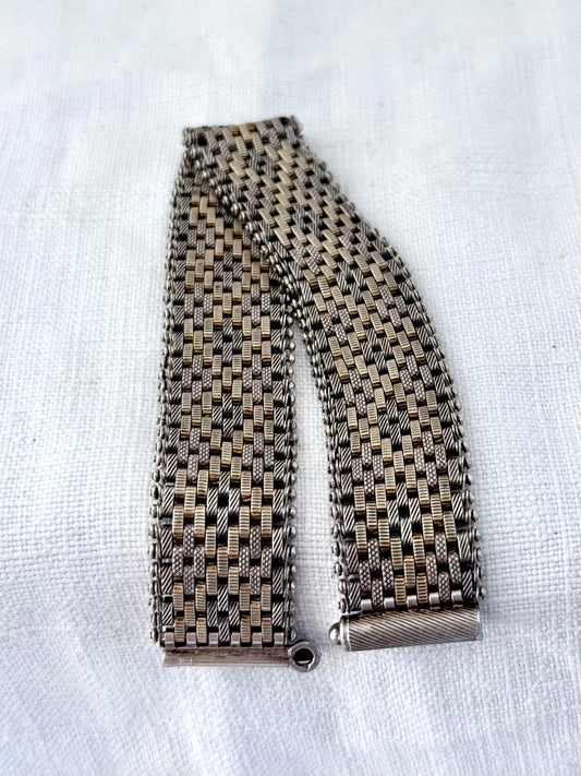 .1890s .1900s .925 antique Victorian fancy form gold fill and silver track mesh bracelet