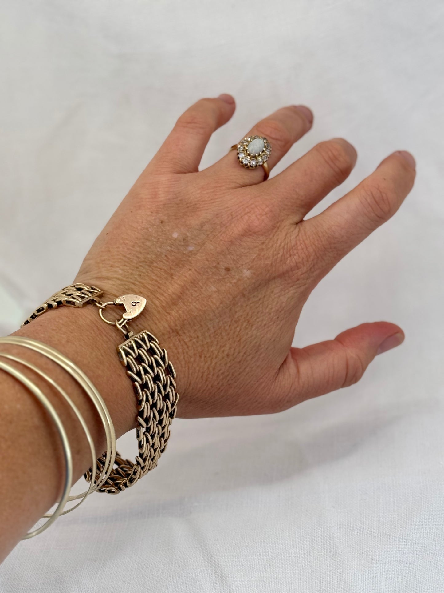 .1960 .1964 .375 9ct gold solid fancy link wide chunky width fancy link gate chain chain bracelet with gold heart padlock clasp