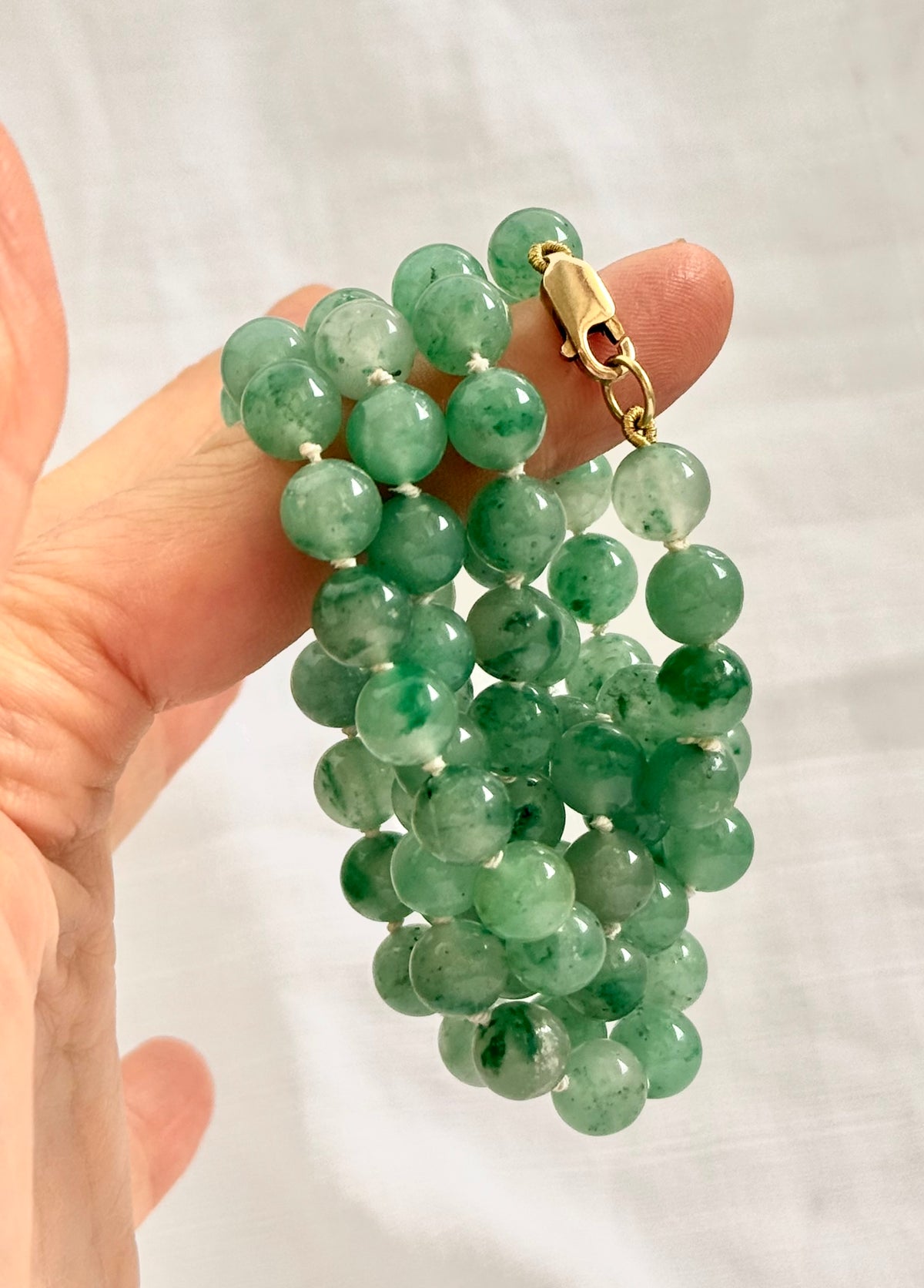 .375 .9ct gold and natural Aventurine “old Jade” long luxurious gemstone bead necklace