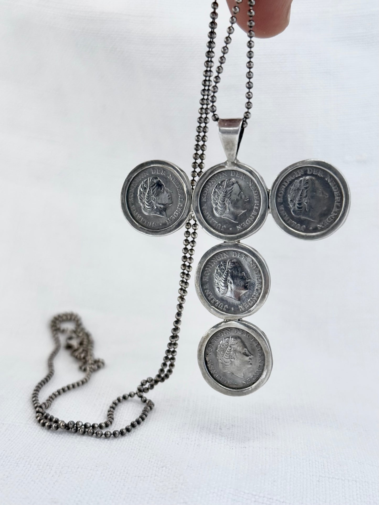 .1954 to .1980 .10 cents coin cross silver pendant on long lovely chain necklace