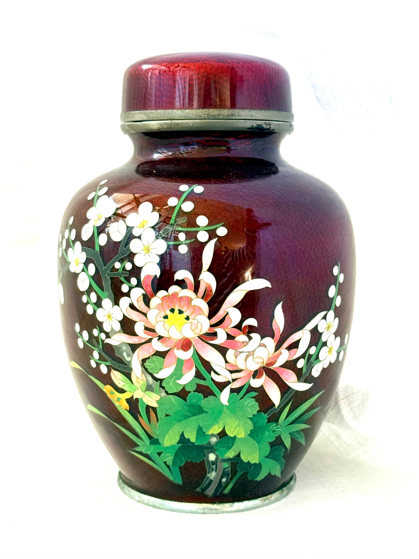 .1900s .1960s authentic Oriental fine Japanese collectors Cloisonne Ginbari floral Pigeon Blood red Akusake Enamel Ginger vase large flower vase