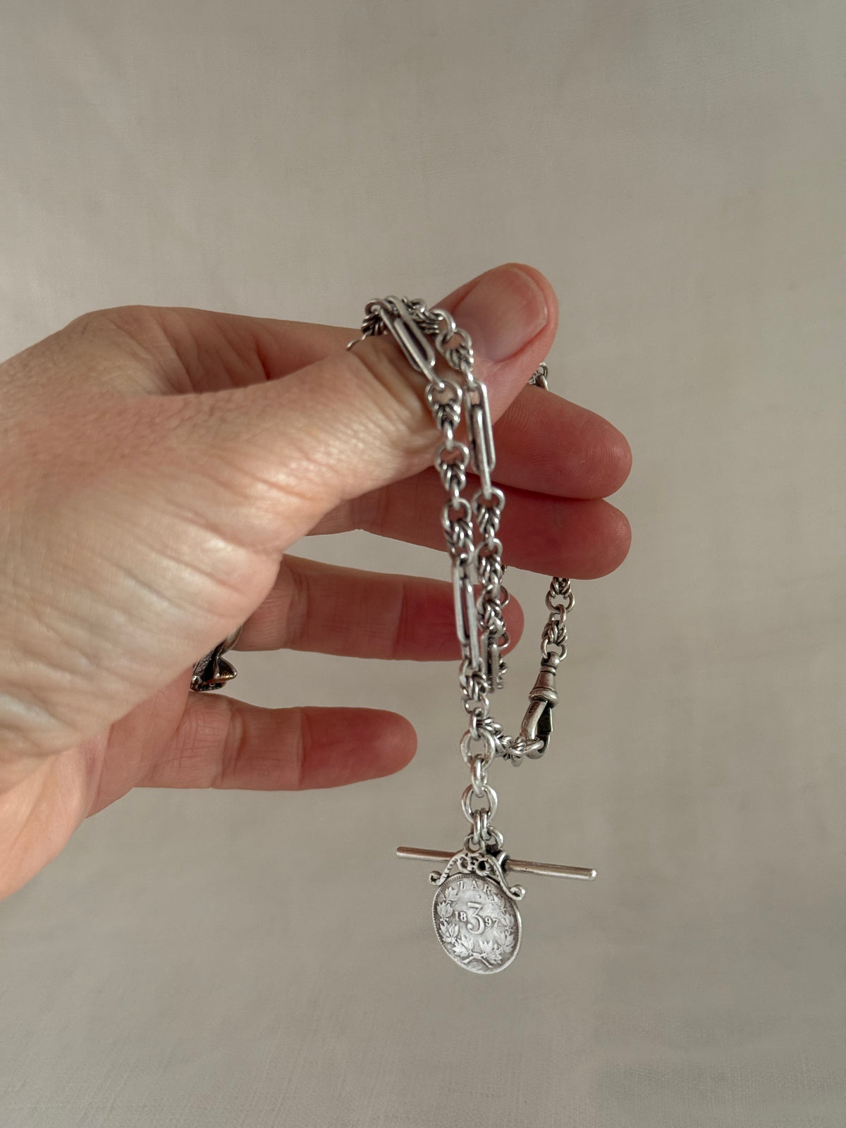 .1888 .1897 .925 antique solid silver fancy Albert fob chain Lovers Knot Trumpet link Paper clip link hallmarked sterling silver Victorian era double love knot watch chain necklace