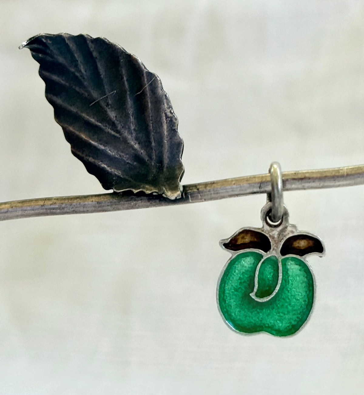 .925 Big Green Apple silver enamel quirky modern large charm pendant